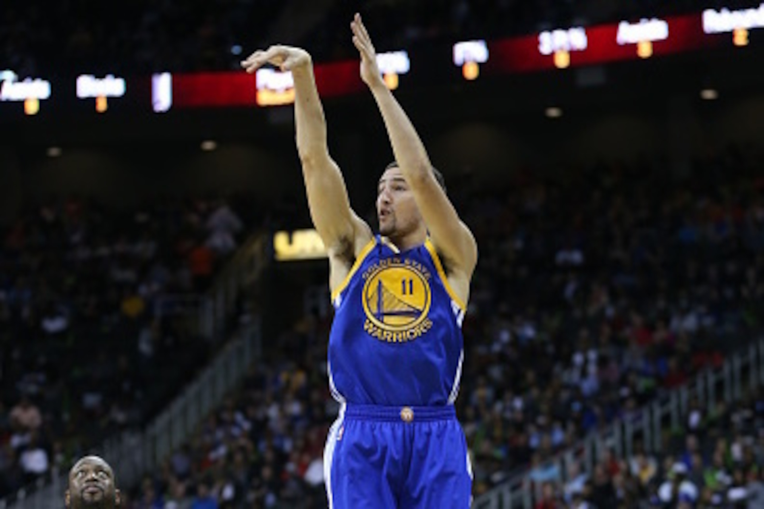 KANSAS CITY, MO - OCTOBER 17:  Klay Thompson #11 of the Golden State Warriors shoots the ball against the Miami Heat during a game on October 17, 2014 at Sprint Center in Kansas City, Missouri. NOTE TO USER:  User expressly acknowledges and agrees that, b