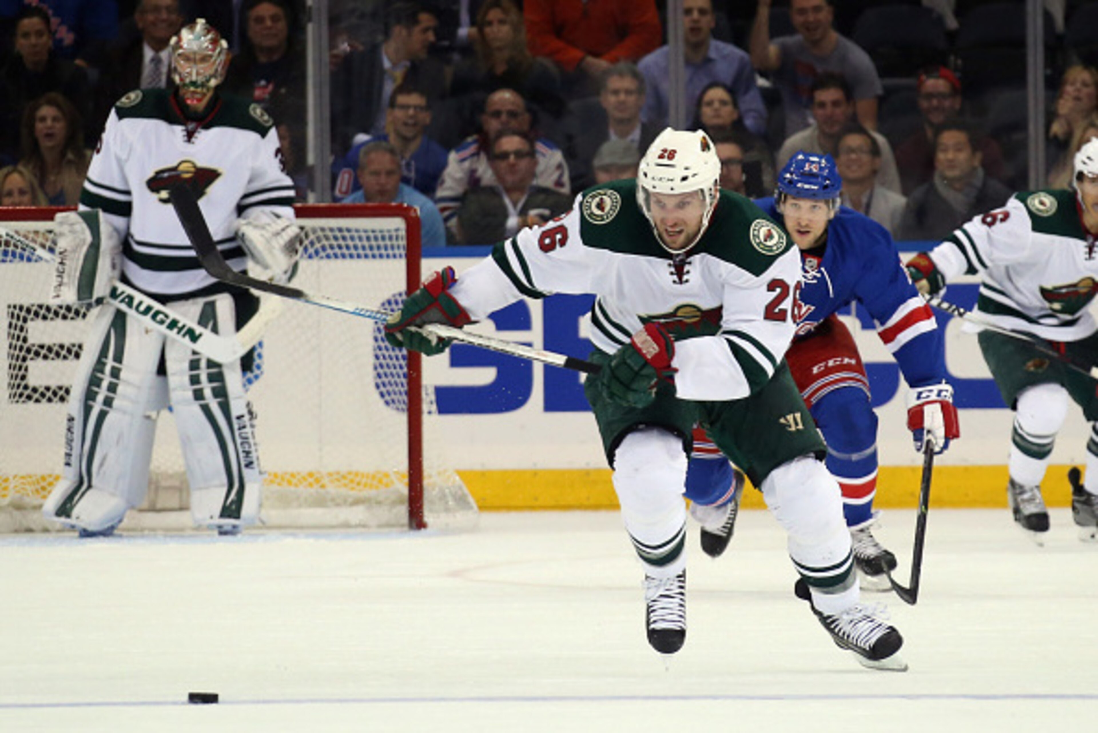 NEW YORK, NY - OCTOBER 27:  Thomas Vanek #26 of the Minnesota Wild skates against the New York Rangers at Madison Square Garden on October 27, 2014 in New York City. The Rangers defeated the Wild 5-4.  (Photo by Bruce Bennett/Getty Images)