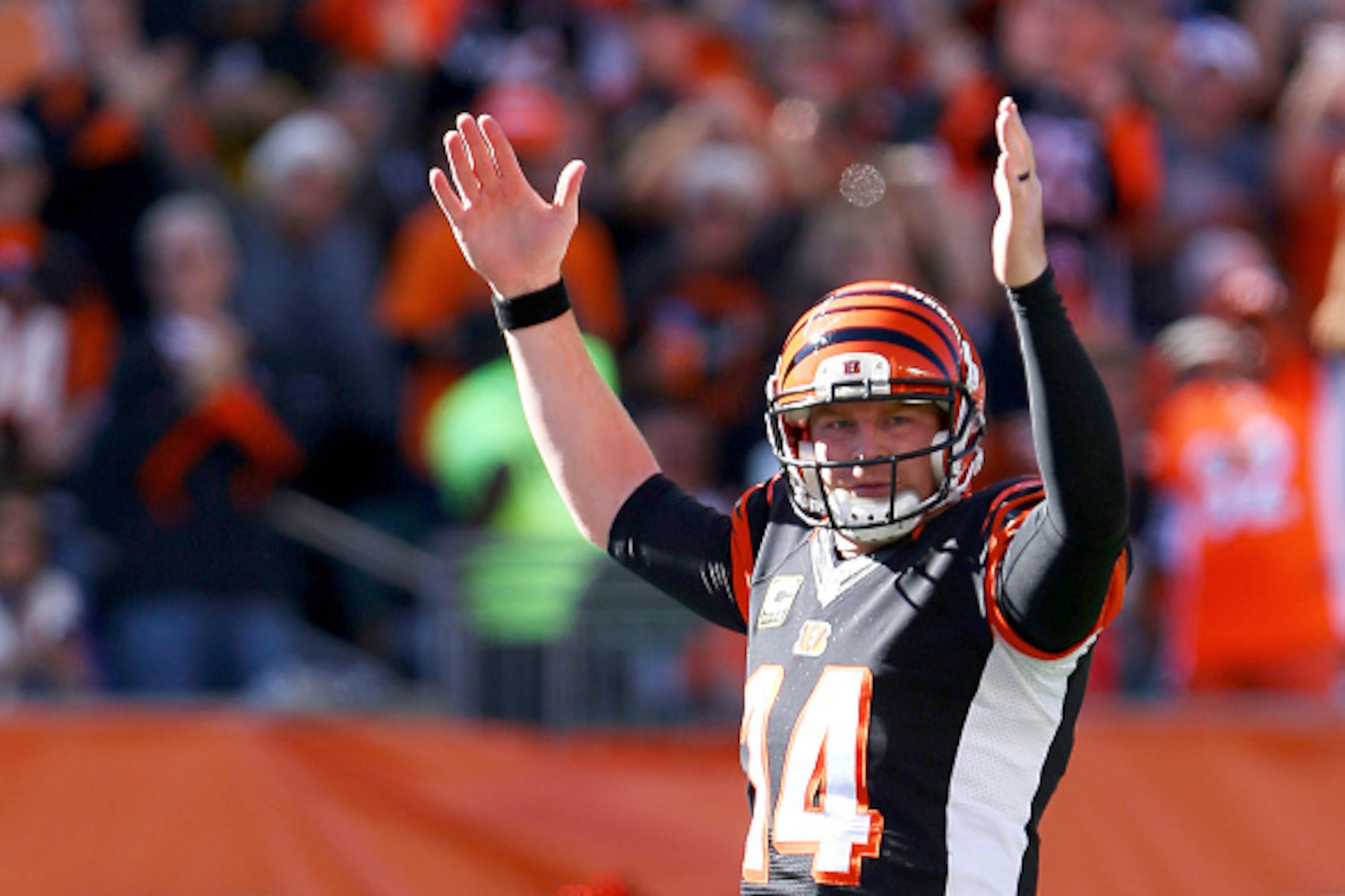 CINCINNATI, OH - OCTOBER 26 :  Andy Dalton #14 of the Cincinnati Bengals celebrates after scoring a touchdown during the first quarter of the game against the Baltimore Ravens at Paul Brown Stadium on October 26, 2014 in Cincinnati, Ohio. (Photo by Andy L