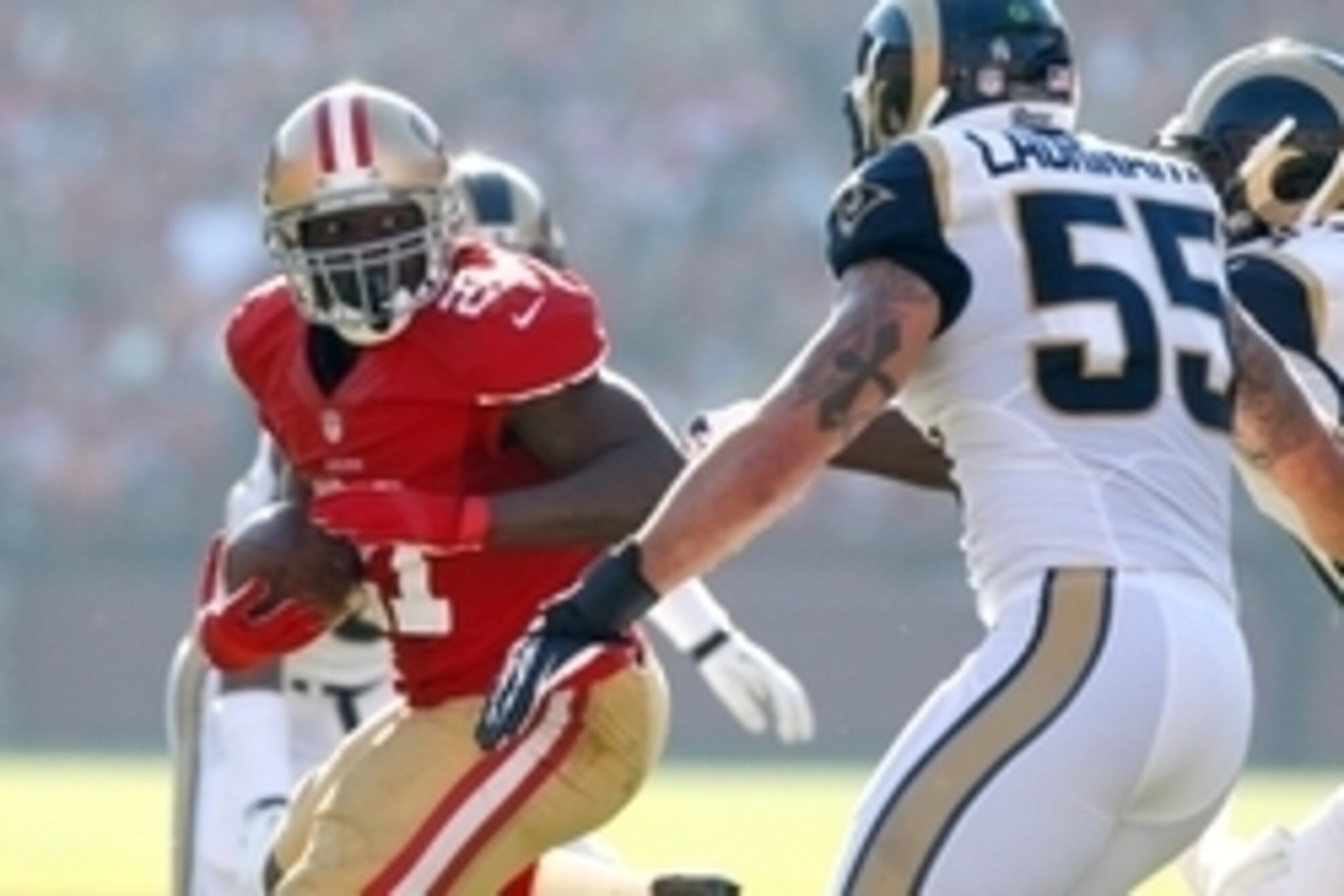 Dec 1, 2013; San Francisco, CA, USA; San Francisco 49ers running back Frank Gore (21) runs the ball against the St. Louis Rams in the first quarter at Candlestick Park. Mandatory Credit: Cary Edmondson-USA TODAY Sports Dec 1, 2013; San Francisco, CA, USA; San Francisco 49ers running back Frank Gore (21) runs the ball against the St. Louis Rams in the first quarter at Candlestick Park. Mandatory Credit: Cary Edmondson-USA TODAY Sports