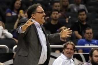 Oct 17, 2014; Orlando, FL, USA; Detroit Pistons head coach Stan Van Gundy reacts against the Orlando Magic during the first half at Amway Center. Mandatory Credit: Kim Klement-USA TODAY Sports