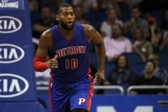 Oct 17, 2014; Orlando, FL, USA; Detroit Pistons forward Greg Monroe (10) runs during the first half against the Orlando Magic at Amway Center. Mandatory Credit: Kim Klement-USA TODAY Sports