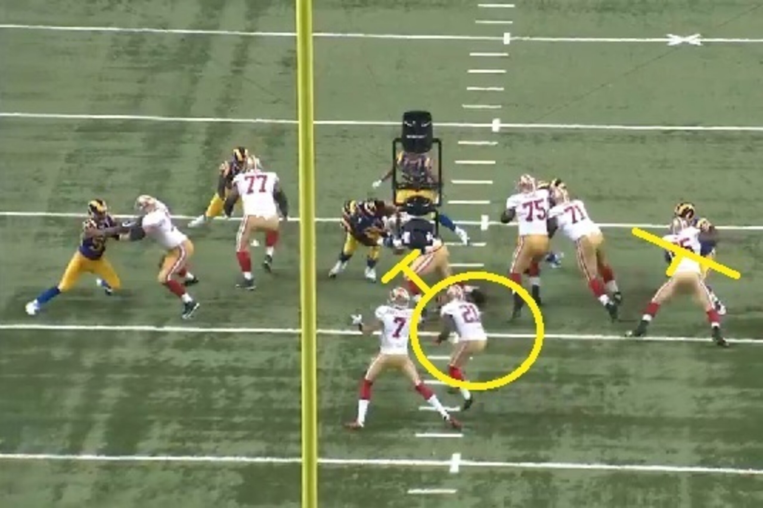The play calls for a quick pass to the left flat. Stevie Johnson is the intended target while Gore is in perfect position to make a block if needed. The play calls for a quick pass to the left flat. Stevie Johnson is the intended target while Gore is in perfect position to make a block if needed.