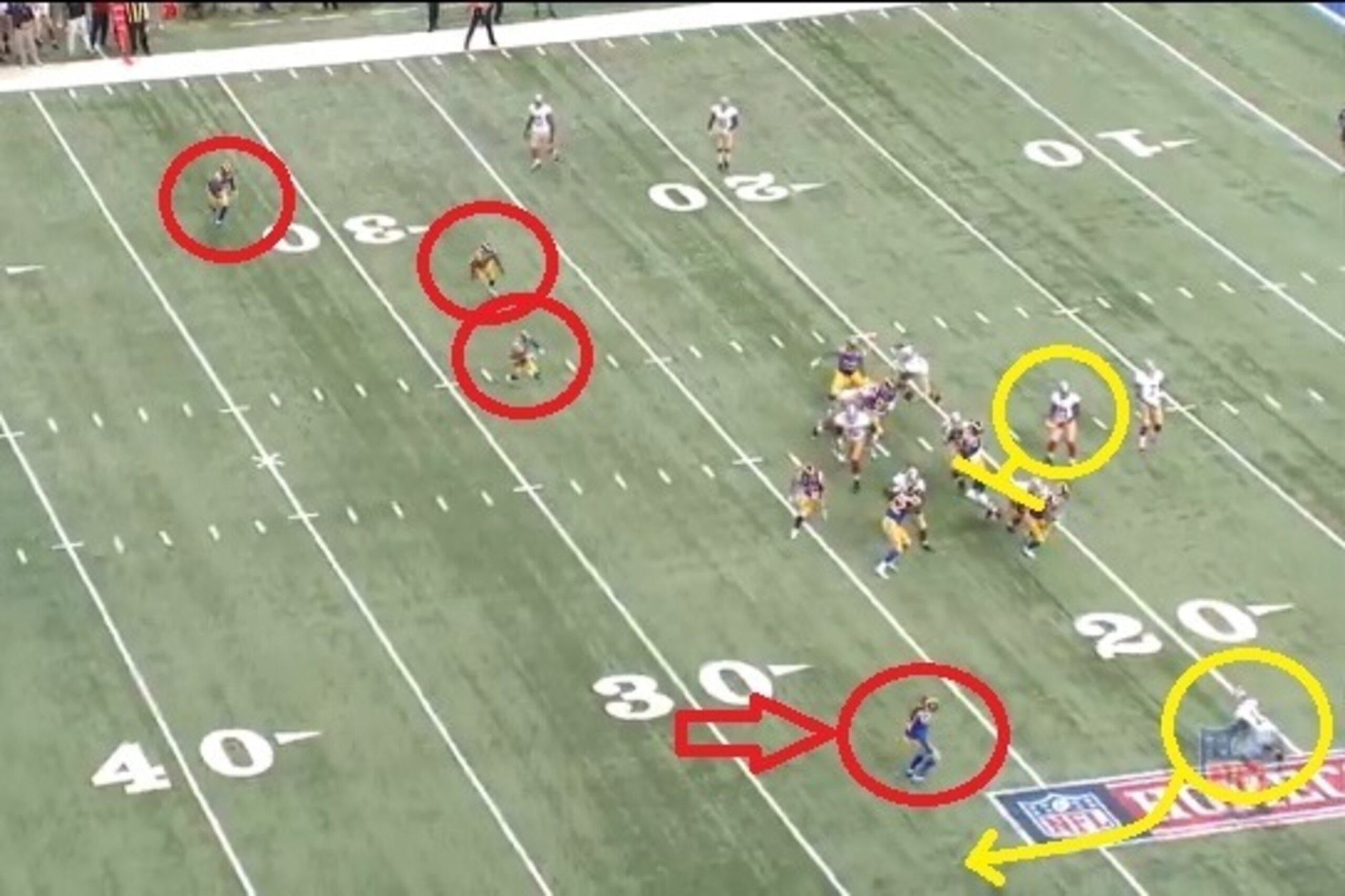 Johnson hauls in the nine-yard completion before being pushed out of bounds. St. Louis is concentrated on the opposite side of the field. Johnson hauls in the nine-yard completion before being pushed out of bounds. St. Louis is concentrated on the opposite side of the field.