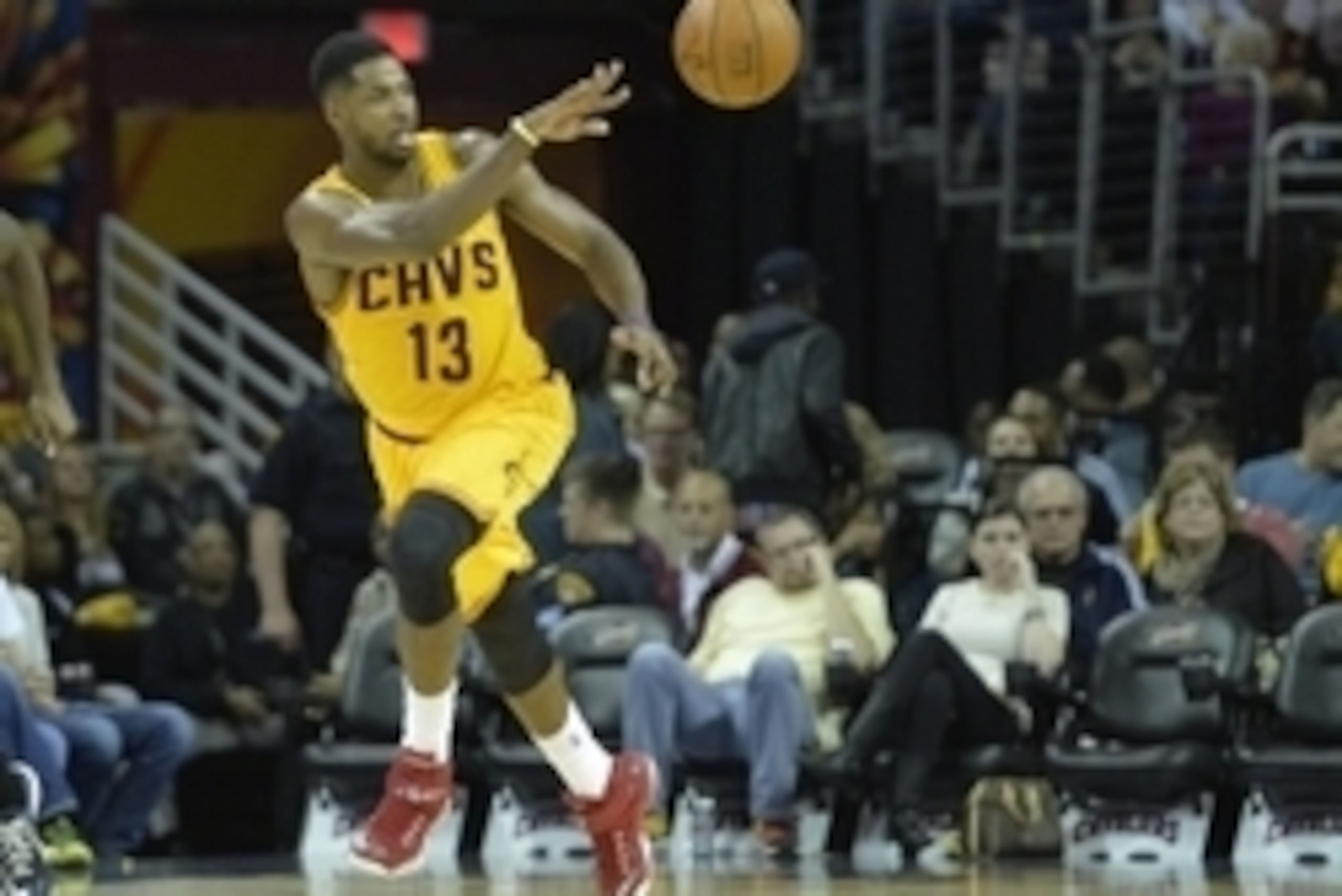 Oct 17, 2014; Cleveland, OH, USA; Cleveland Cavaliers forward Tristan Thompson (13) throws an outlet pass after grabbing a rebound int he third quarter against the Dallas Mavericks at Quicken Loans Arena. Mandatory Credit: David Richard-USA TODAY Sports