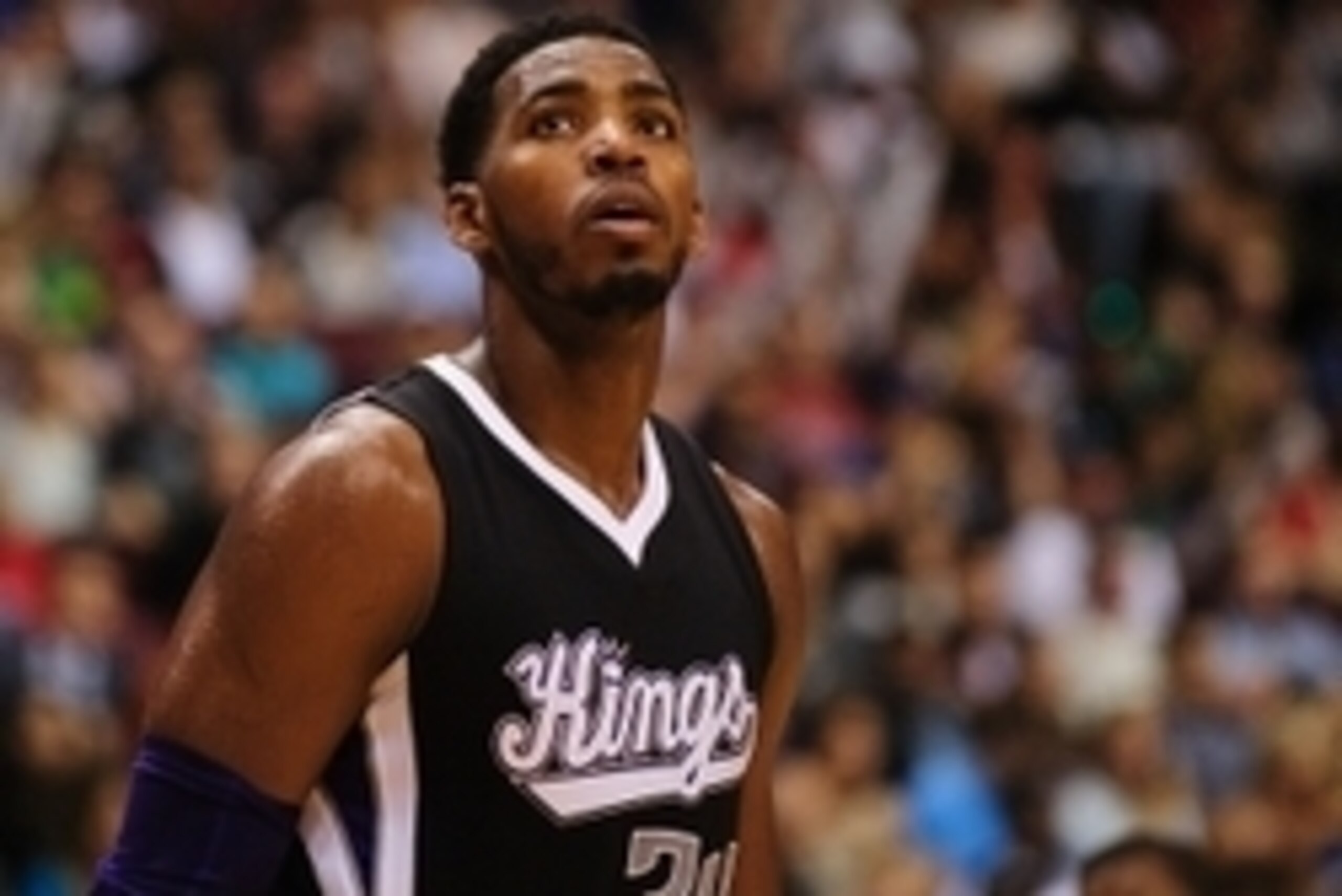 Oct 5, 2014; Vancouver, British Columbia, CAN; Sacramento Kings forward Jason Thompson (34) watches a shot during the second half against the Toronto Raptors at Rogers Arena. The Toronto Raptors won 99-94. Mandatory Credit: Anne-Marie Sorvin-USA TODAY Spo