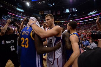 LOS ANGELES, CA - MAY 3: Draymond Green #23 of the Golden State Warriors congratulates Blake Griffin #32 of the Los Angeles Clippers after Game Seven of the Western Conference Quarterfinals during the 2014 NBA Playoffs at Staples Center on May 3, 2014 in 