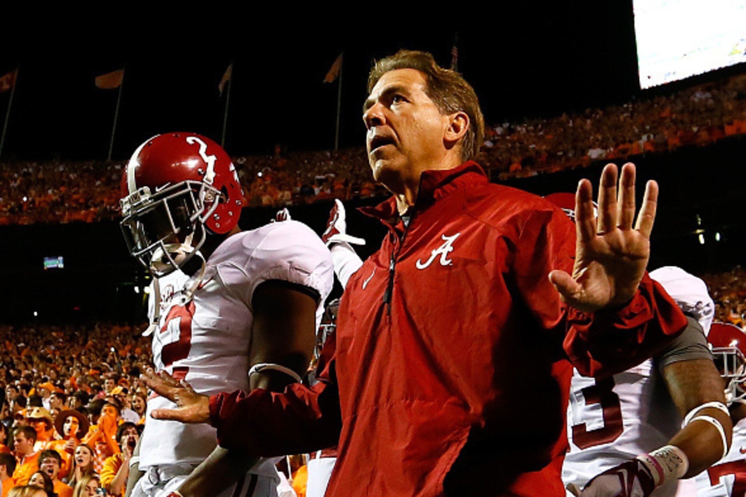 KNOXVILLE, TN - OCTOBER 25: Head coach Nick Saban of the Alabama Crimson Tide leads his team onto the field prior to facing the Tennessee Volunteers at Neyland Stadium on October 25, 2014 in Knoxville, Tennessee. (Photo by Kevin C. Cox/Getty Images) KNOXVILLE, TN - OCTOBER 25: Head coach Nick Saban of the Alabama Crimson Tide leads his team onto the field prior to facing the Tennessee Volunteers at Neyland Stadium on October 25, 2014 in Knoxville, Tennessee. (Photo by Kevin C. Cox/Getty Images)
