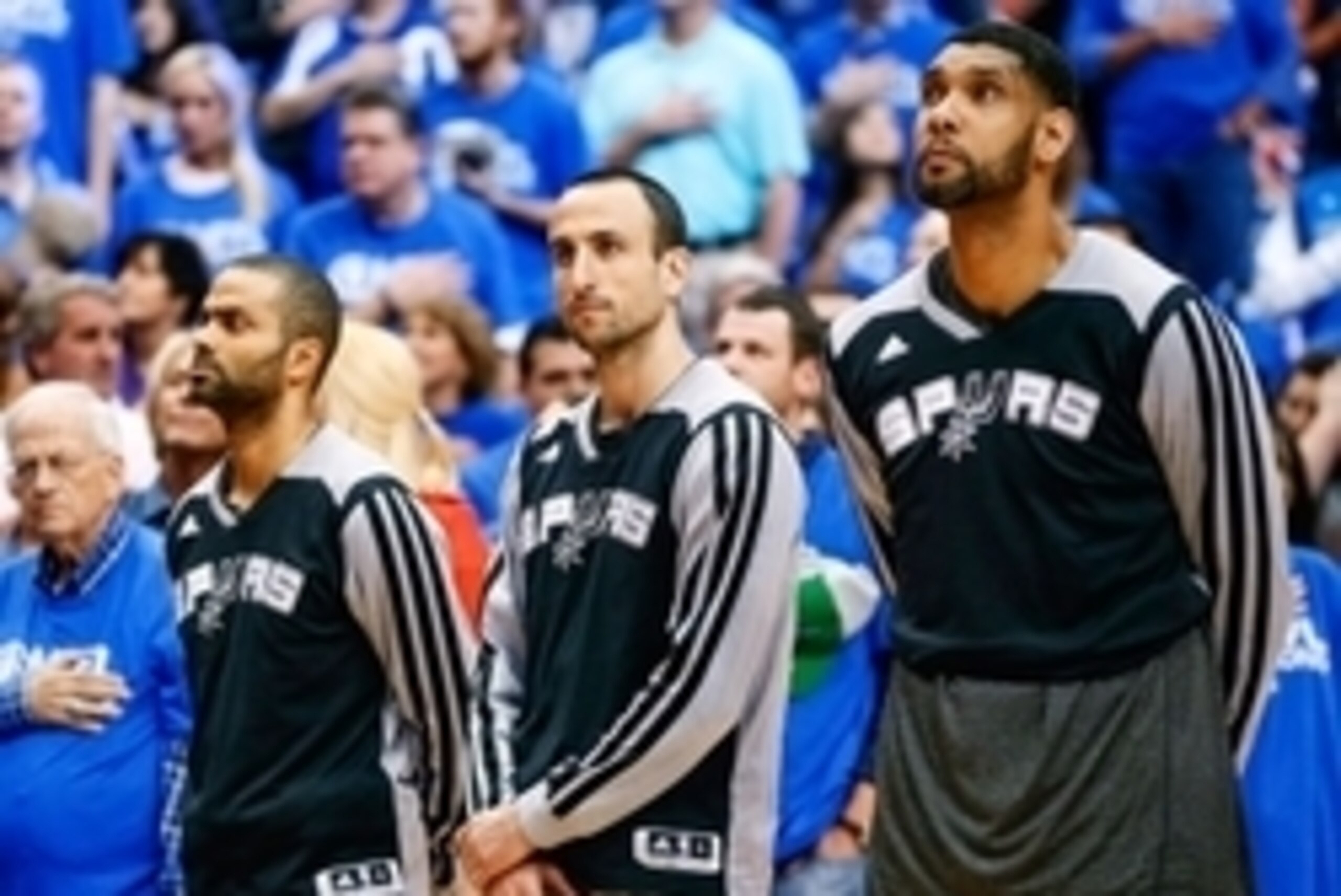 May 2, 2014; Dallas, TX, USA; San Antonio Spurs guard Tony Parker (left) and guard Manu Ginobili (middle) and  forward Tim Duncan (right)  before the game against the Dallas Mavericks  in game six of the first round of the 2014 NBA Playoffs at American Ai
