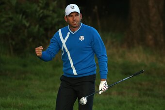 AUCHTERARDER, SCOTLAND - SEPTEMBER 26:  Sergio Garcia of Europe celebrates his approach shot to the 18th green during the Afternoon Foursomes of the 2014 Ryder Cup on the PGA Centenary course at the Gleneagles Hotel on September 26, 2014 in Auchterarder, 