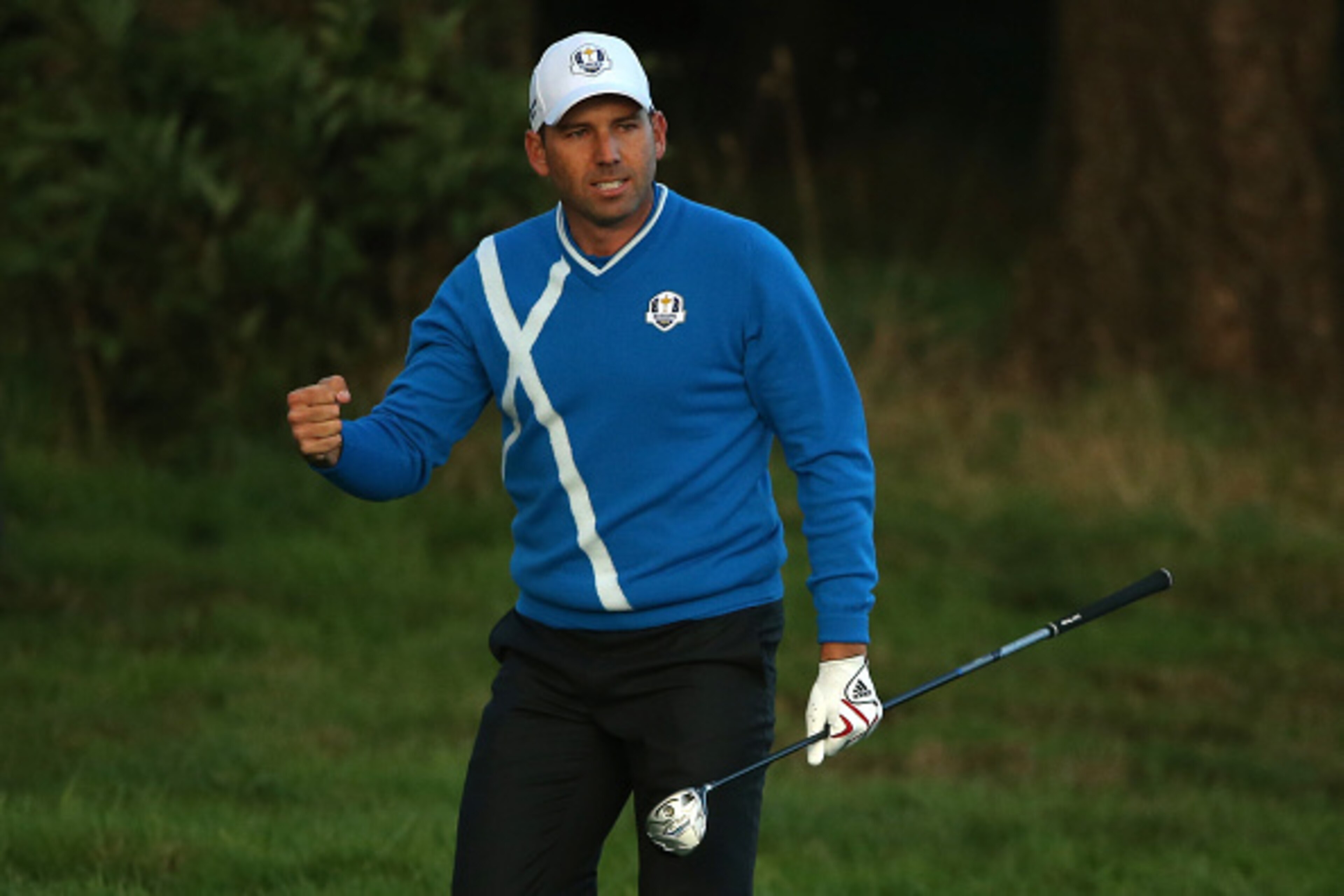 AUCHTERARDER, SCOTLAND - SEPTEMBER 26:  Sergio Garcia of Europe celebrates his approach shot to the 18th green during the Afternoon Foursomes of the 2014 Ryder Cup on the PGA Centenary course at the Gleneagles Hotel on September 26, 2014 in Auchterarder, 
