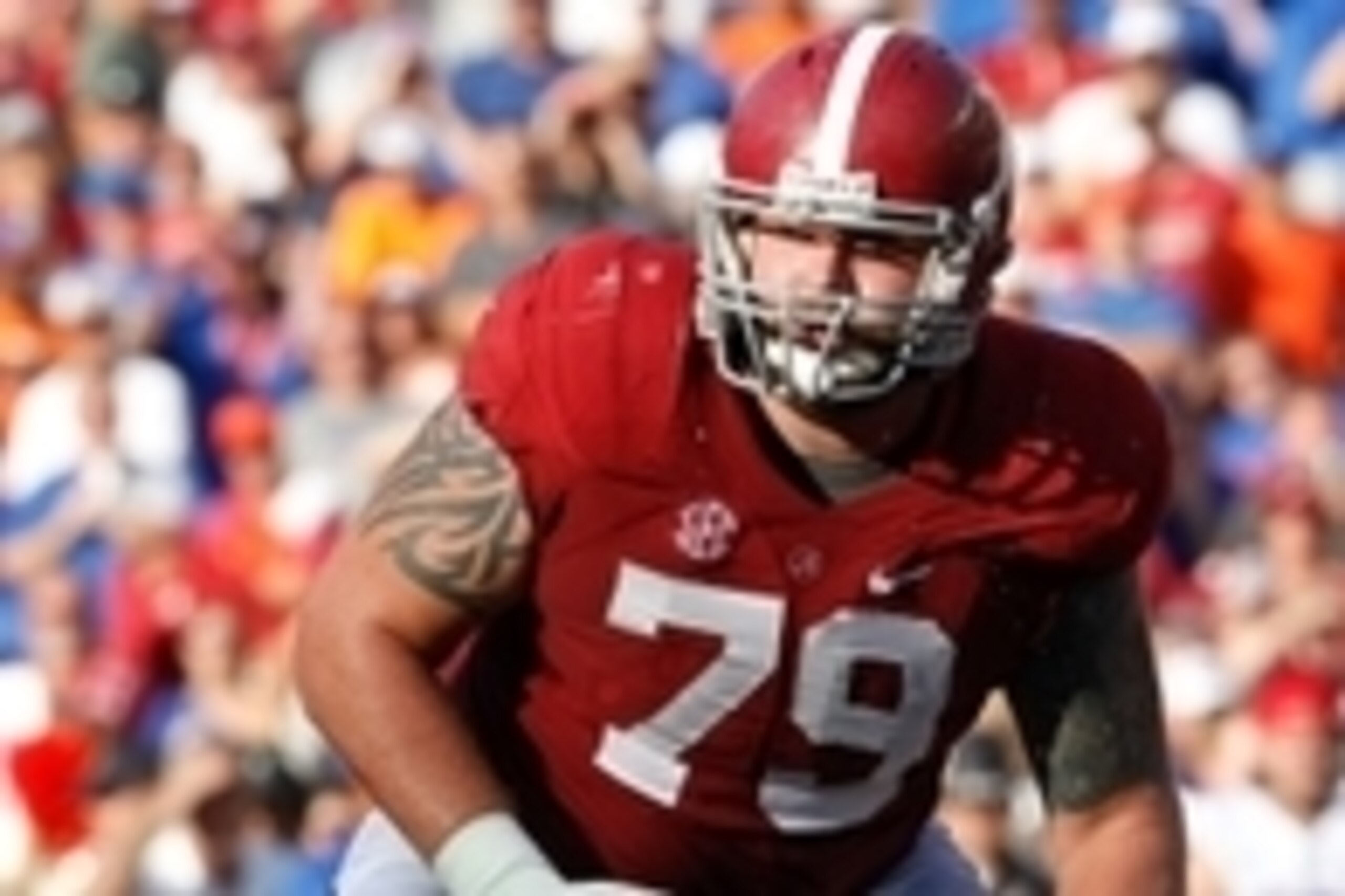 Sep 20, 2014; Tuscaloosa, AL, USA; Alabama Crimson Tide offensive lineman Austin Shepherd (79) lines up against the Florida Gators at Bryant-Denny Stadium. Mandatory Credit: Marvin Gentry-USA TODAY Sports