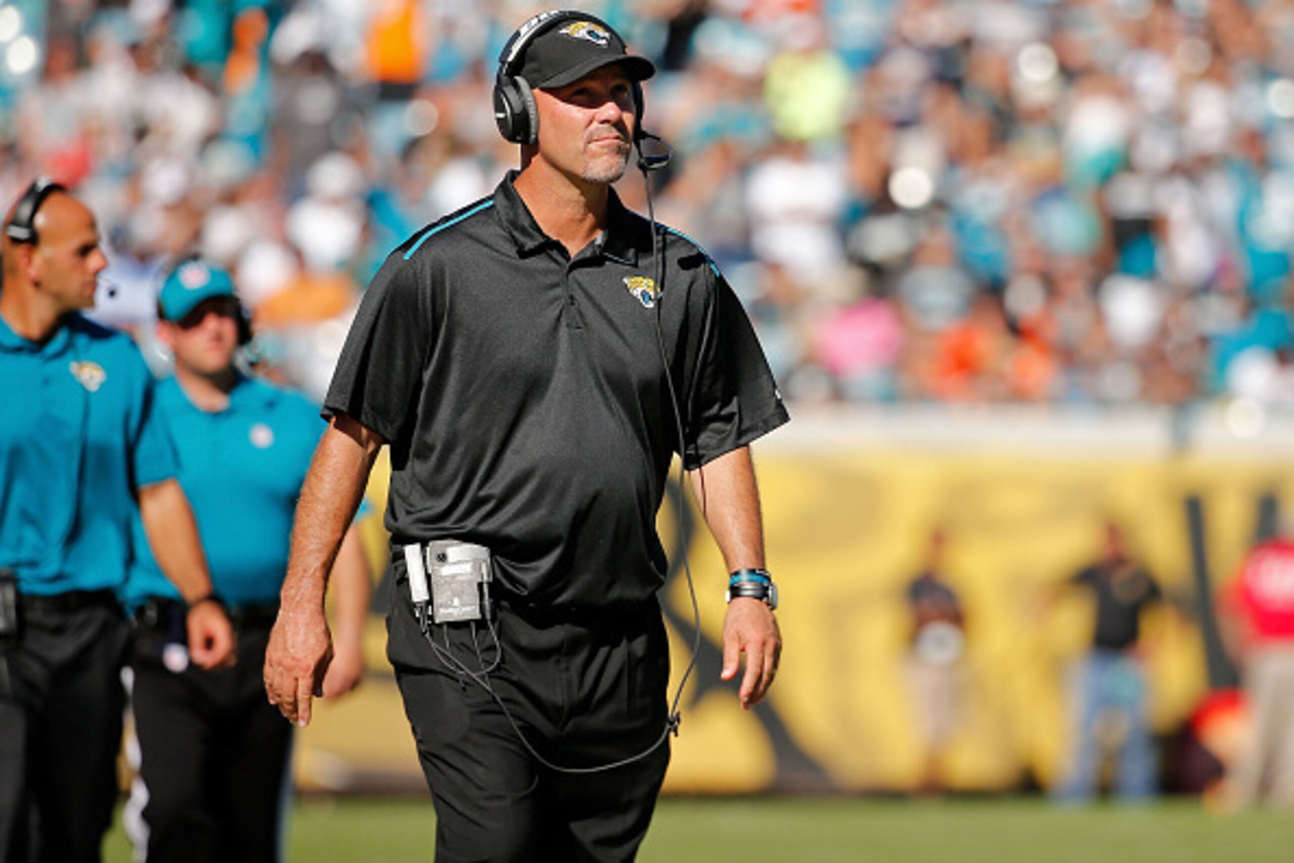 JACKSONVILLE, FL - OCTOBER 26: Head coach Gus Bradley of the Jacksonville Jaguars looks on during the fourth quarter of the game against the Miami Dolphins at EverBank Field on October 26, 2014 in Jacksonville, Florida.  (Photo by Rob Foldy/Getty Images)