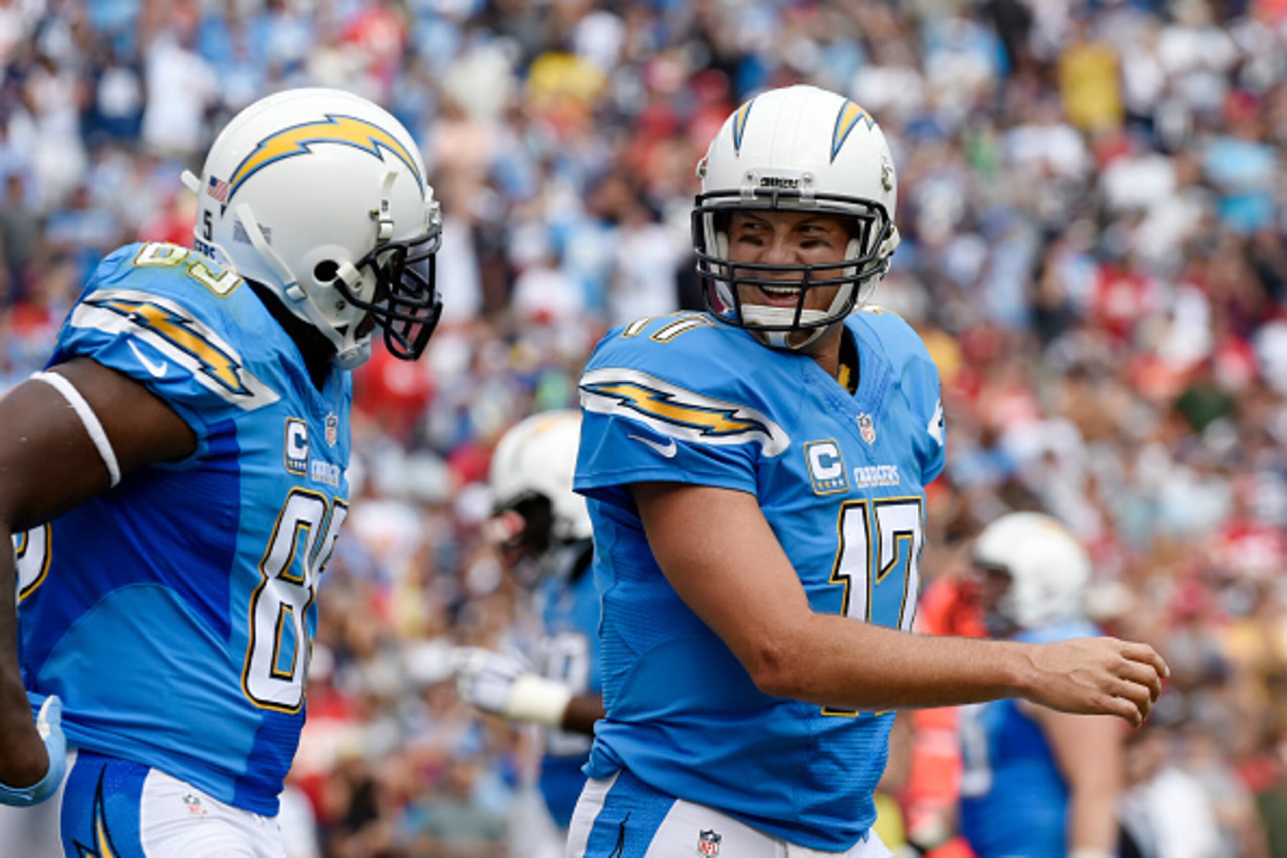 SAN DIEGO, CA - OCTOBER 19:  Philip Rivers #17 of the San Diego Chargers congratulates teammate Antonio Gates #85 on his touchdown against the Kansas City Chiefs during their NFL game at Qualcomm Stadium on October 19, 2014, in San Diego, California. (Pho