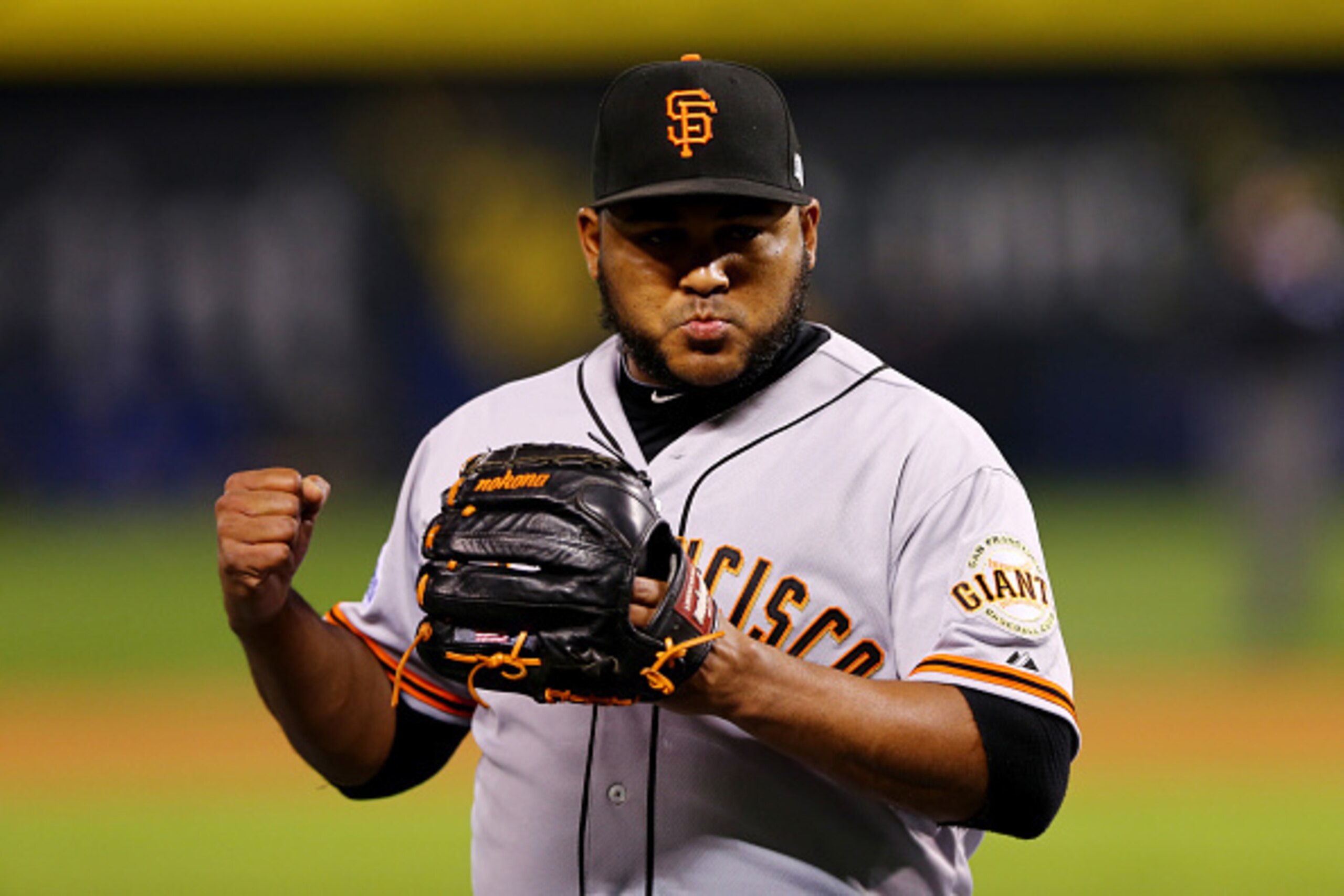 KANSAS CITY, MO - OCTOBER 28: Jean Machi #63 of the San Francisco Giants reacts in the fourth inning against the Kansas City Royals during Game Six of the 2014 World Series at Kauffman Stadium on October 28, 2014 in Kansas City, Missouri. (Photo by Elsa KANSAS CITY, MO - OCTOBER 28: Jean Machi #63 of the San Francisco Giants reacts in the fourth inning against the Kansas City Royals during Game Six of the 2014 World Series at Kauffman Stadium on October 28, 2014 in Kansas City, Missouri. (Photo by Elsa
