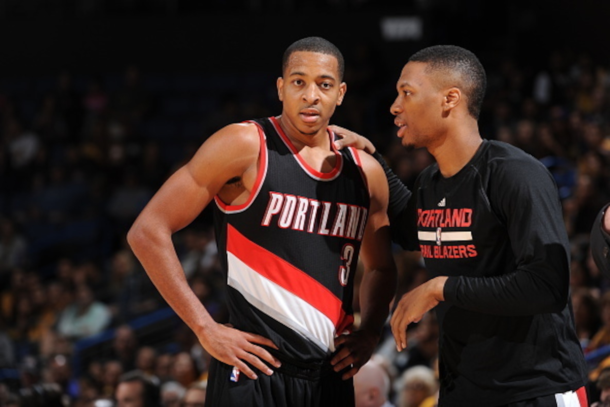 Ontario, CA- OCTOBER 22: CJ McCollum #3 and Damian Lillard #0 of the Portland Trail Blazers during a game against the Los Angeles Lakers at the Citizens Business Bank Arena in Ontario, California on October 22, 2014 . NOTE TO USER: User expressly acknowle