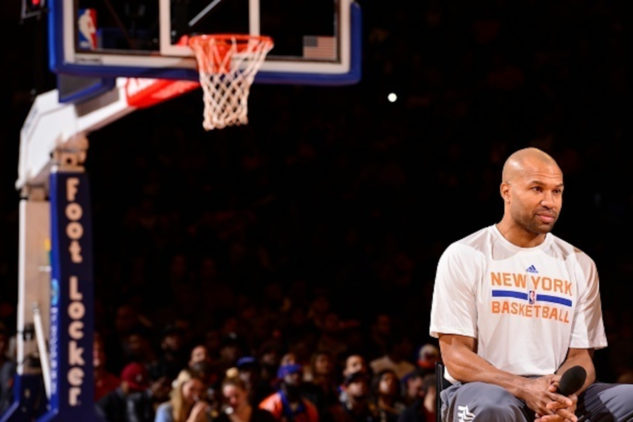NEW YORK, NY - OCTOBER 26:  Derek Fisher of the New York Knicks during open practice at the Madison Square Garden on October 26, 2014 in New York City, New York. NOTE TO USER: User expressly acknowledges and agrees that, by downloading and/or using this P