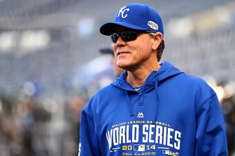 KANSAS CITY, MO - OCTOBER 28:  Ned Yost #3 of the Kansas City Royals walks on the field during batting practice before Game Six of the 2014 World Series against the San Francisco Giants at Kauffman Stadium on October 28, 2014 in Kansas City, Missouri.  (P