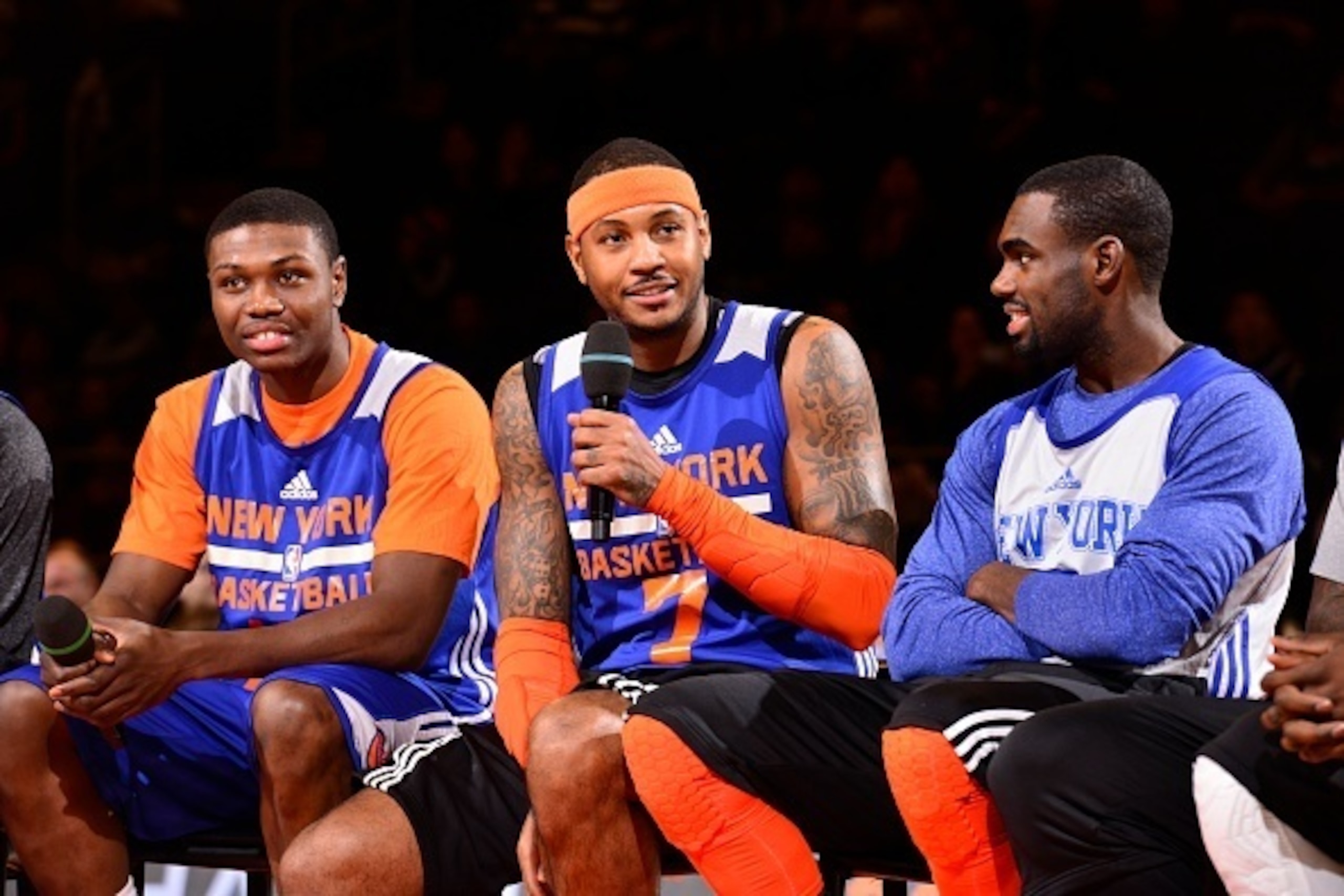 NEW YORK, NY - OCTOBER 26:  Carmelo Anthony #7 of the New York Knicks during open practice at the Madison Square Garden on October 26, 2014 in New York City, New York. NOTE TO USER: User expressly acknowledges and agrees that, by downloading and/or using 