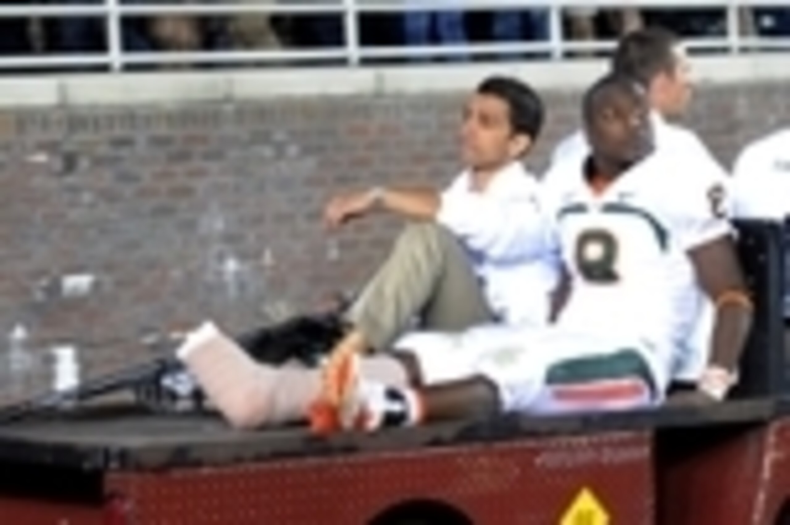 Nov 2, 2013; Tallahassee, FL, USA; Miami Hurricanes running back Duke Johnson (8) is carted off with an injury after the game against the Florida State Seminoles at Doak Campbell Stadium. Mandatory Credit: Melina Vastola-USA TODAY Sports Nov 2, 2013; Tallahassee, FL, USA; Miami Hurricanes running back Duke Johnson (8) is carted off with an injury after the game against the Florida State Seminoles at Doak Campbell Stadium. Mandatory Credit: Melina Vastola-USA TODAY Sports