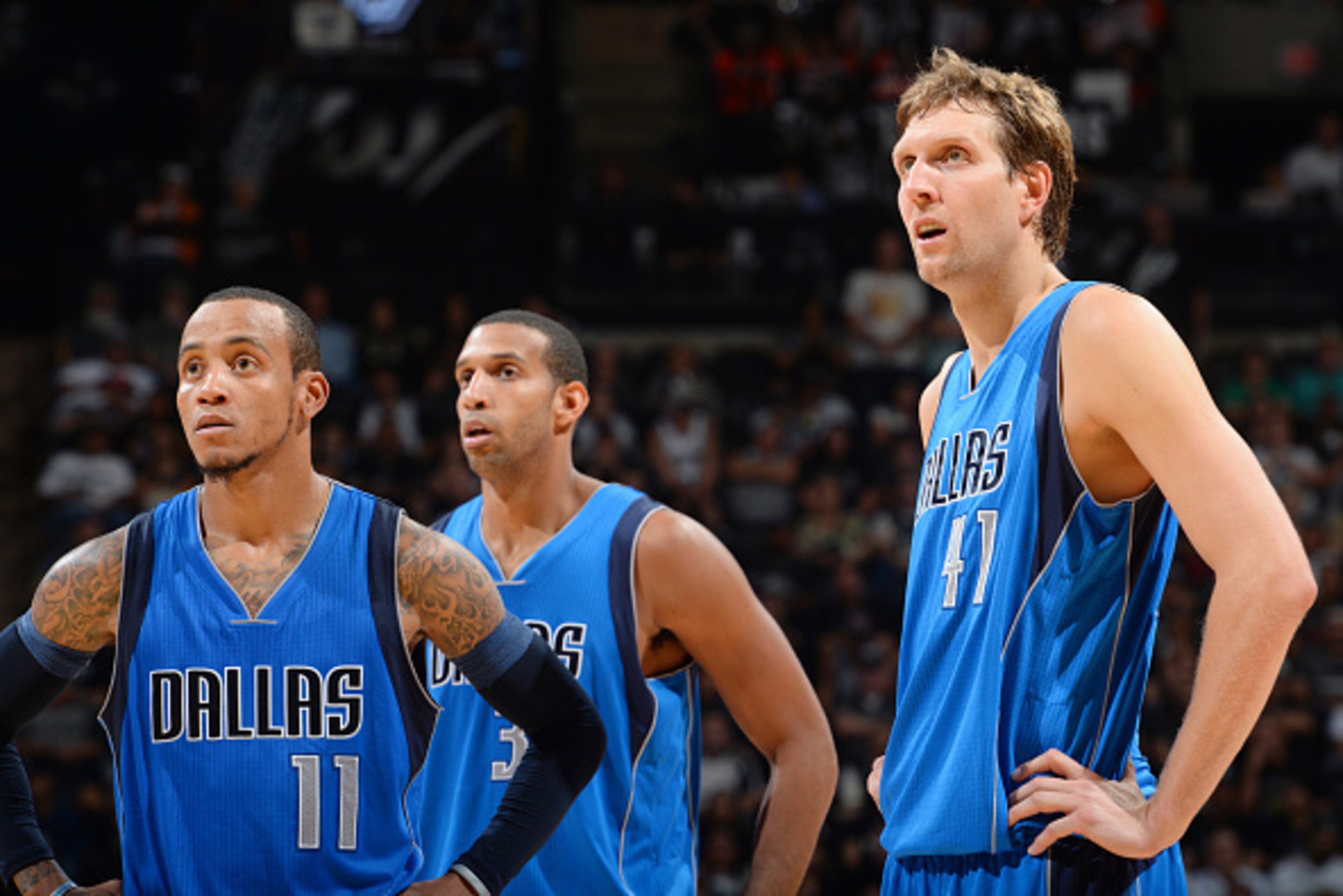 SAN ANTONIO, TX - OCTOBER 28: Monta Ellis #11, Charlie Villanueva #3 and Dirk Nowitzki #41 of the Dallas Mavericks  during the game against the San Antonio Spurs on October 28, 2014 at the AT&T Center in San Antonio,Texas. NOTE TO USER: User expressly ack