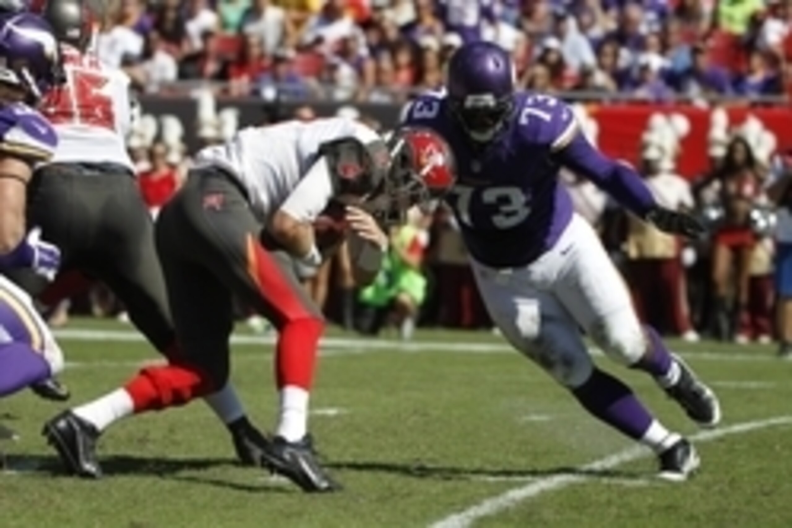 Oct 26, 2014; Tampa, FL, USA; Minnesota Vikings defensive tackle Sharrif Floyd (73) sacks Tampa Bay Buccaneers quarterback Mike Glennon (8) during the first half at Raymond James Stadium. Mandatory Credit: Kim Klement-USA TODAY Sports Oct 26, 2014; Tampa, FL, USA; Minnesota Vikings defensive tackle Sharrif Floyd (73) sacks Tampa Bay Buccaneers quarterback Mike Glennon (8) during the first half at Raymond James Stadium. Mandatory Credit: Kim Klement-USA TODAY Sports