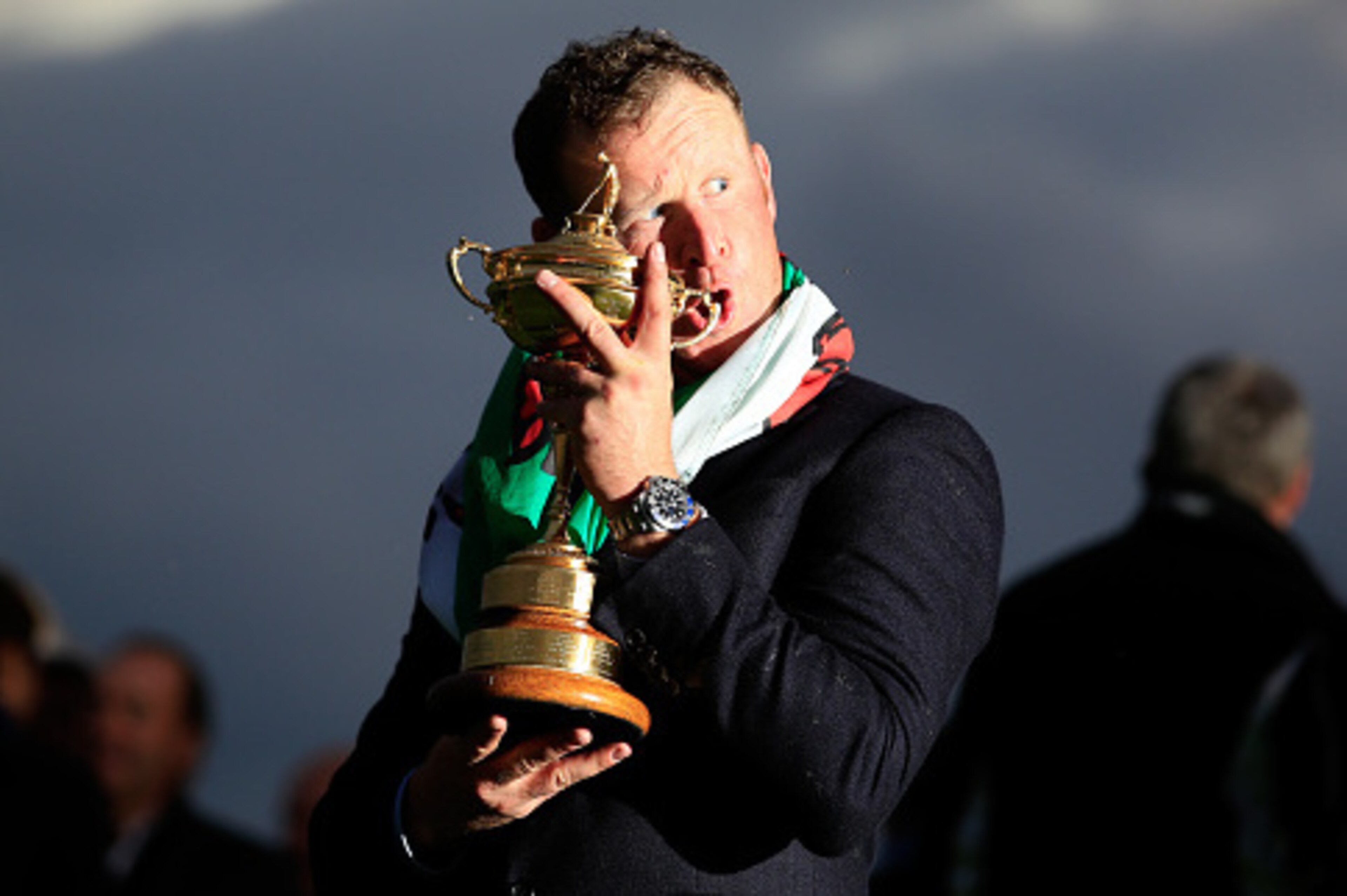 AUCHTERARDER, SCOTLAND - SEPTEMBER 28:  Jamie Donaldson of Europe poses with the Ryder Cup trophy after the Singles Matches of the 2014 Ryder Cup on the PGA Centenary course at the Gleneagles Hotel on September 28, 2014 in Auchterarder, Scotland.  (Photo 