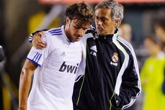 PASADENA, CA - AUGUST 07: Pedro Leon of Real Madrid with coach Jose Mourinho  during their pre-season friendly soccer match against Los Angeles Galaxy on August 7, 2010 at the Rose Bowl in Pasadena, California. Real Madrid will travel back to Spain after 