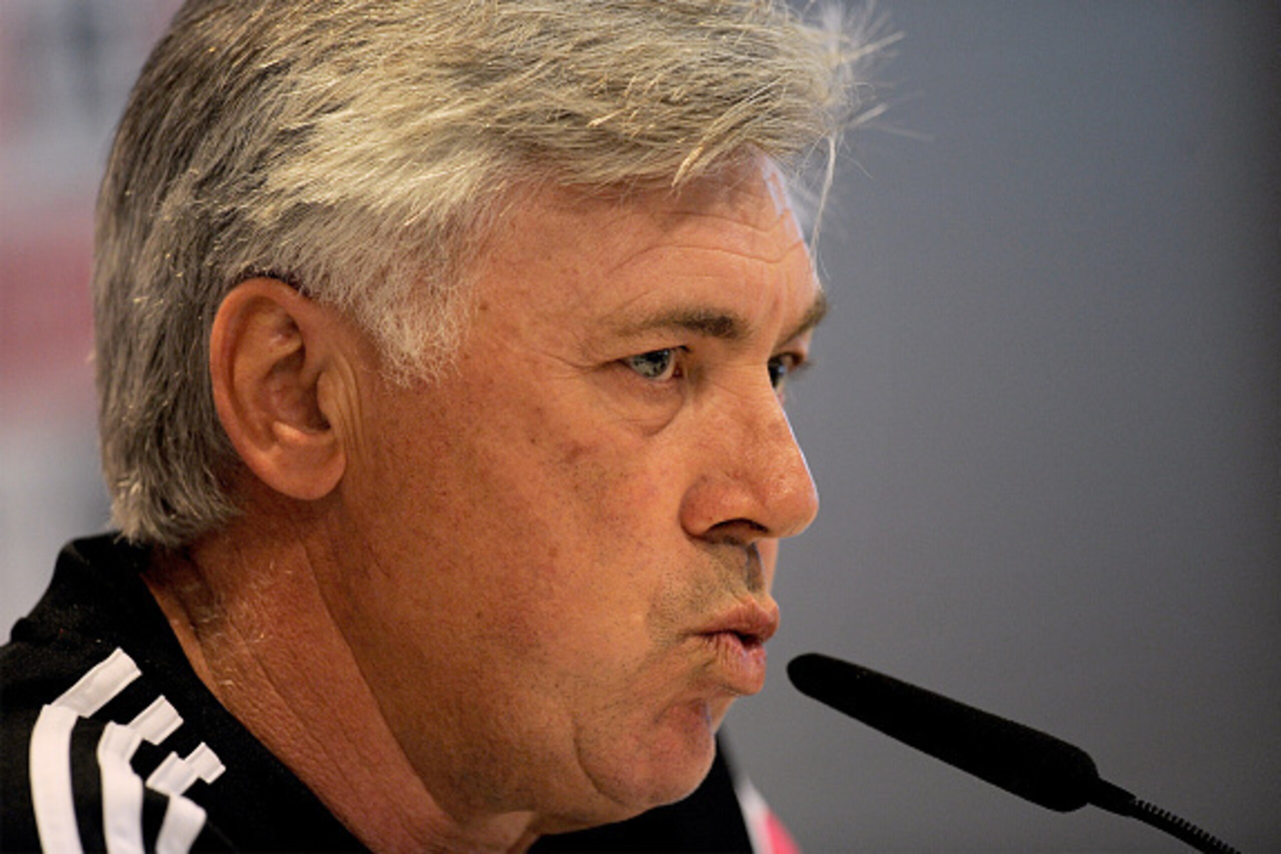 MADRID, SPAIN - OCTOBER 24:  Head coach Carlo Ancelotti of Real Madrid holds a press conference after a team training session the day before the La Liga match against FC Barcelona at Ciudad Deportivo Real Madrid on October 24, 2014 in Madrid, Spain.  (Pho