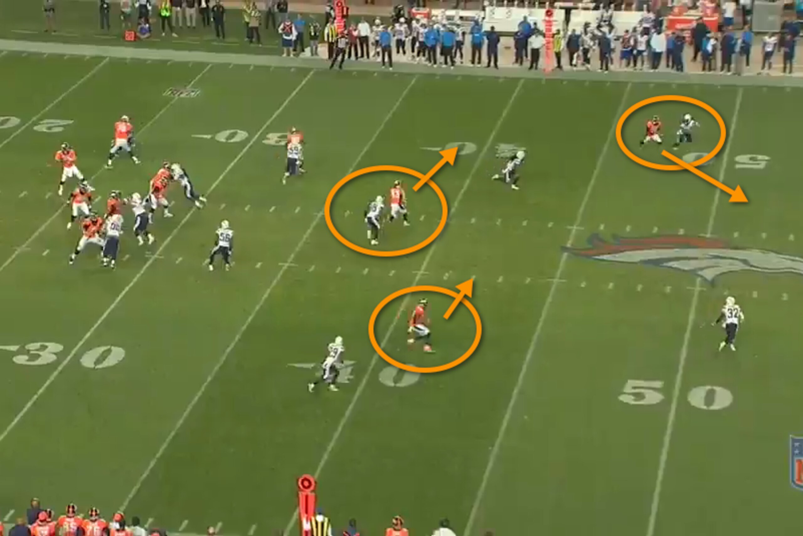 Three receivers are open for Manning to choose from against the Chargers secondary.
