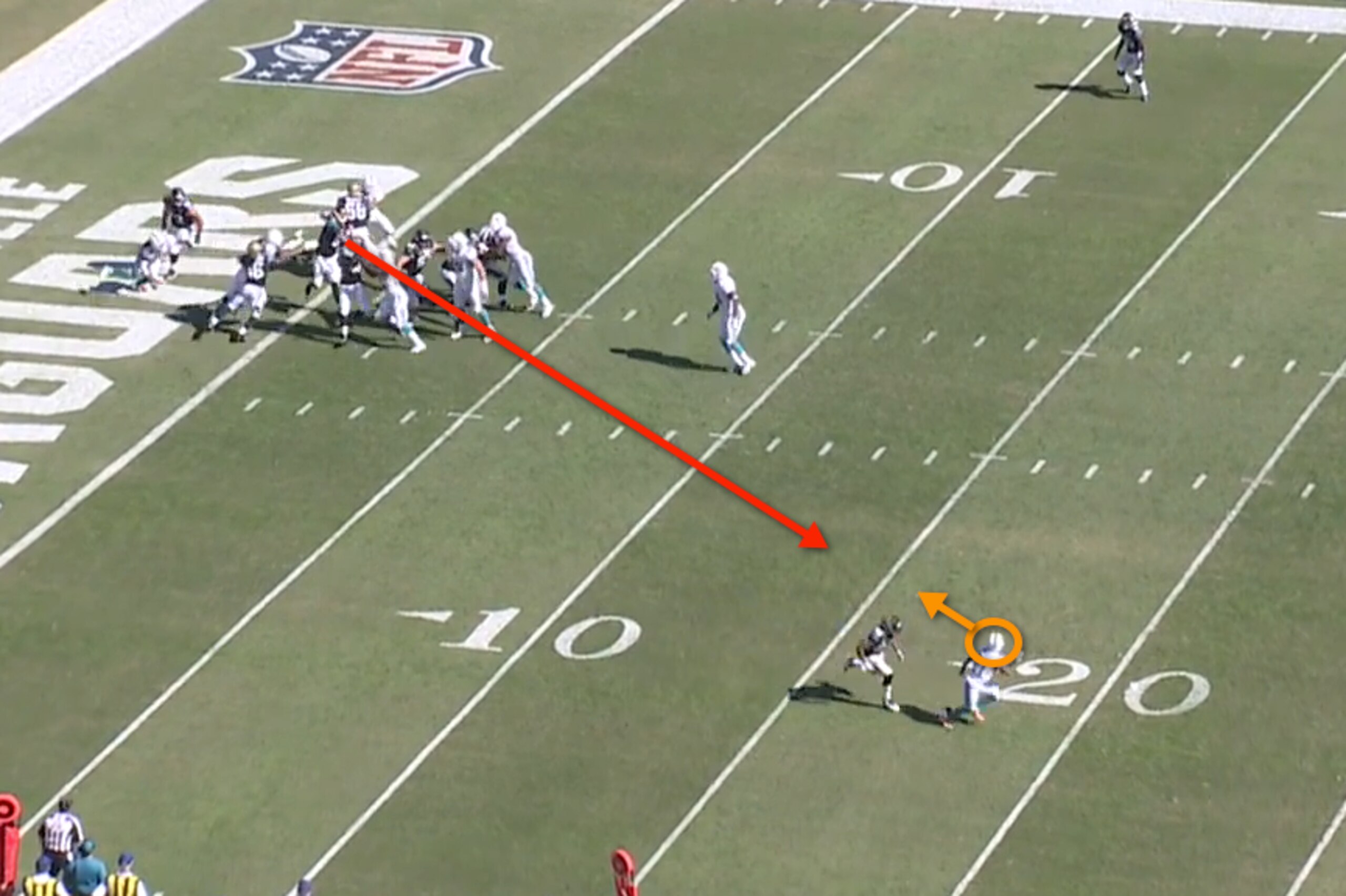 Brent Grimes will need to be aware of Rivers' passing tendencies, just as he was on this pick-six on Bortles.