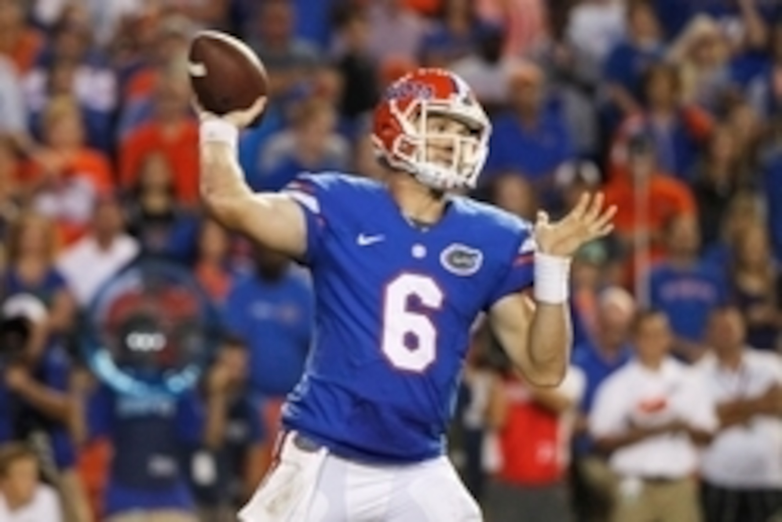 Oct 18, 2014; Gainesville, FL, USA; Florida Gators quarterback Jeff Driskel (6) throws the ball during the second half against the Missouri Tigers at Ben Hill Griffin Stadium. Missouri Tigers defeated the Florida Gators 42-13. Mandatory Credit: Kim Klemen