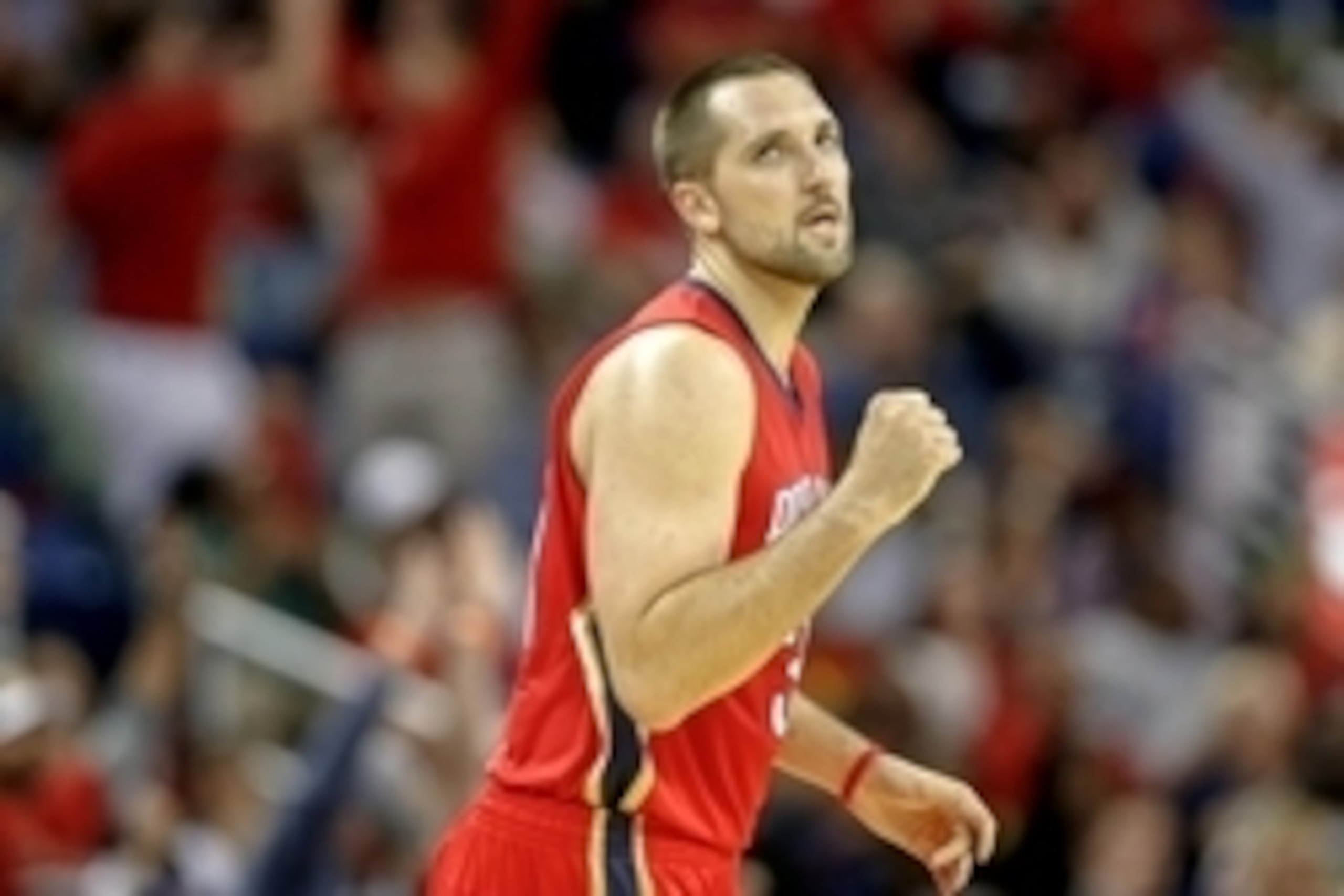 Oct 28, 2014; New Orleans, LA, USA; New Orleans Pelicans forward Ryan Anderson (33) reacts after hitting a three point basket against the Orlando Magic during the third quarter of a game at the Smoothie King Center. The Pelicans defeated the Magic 101-84.