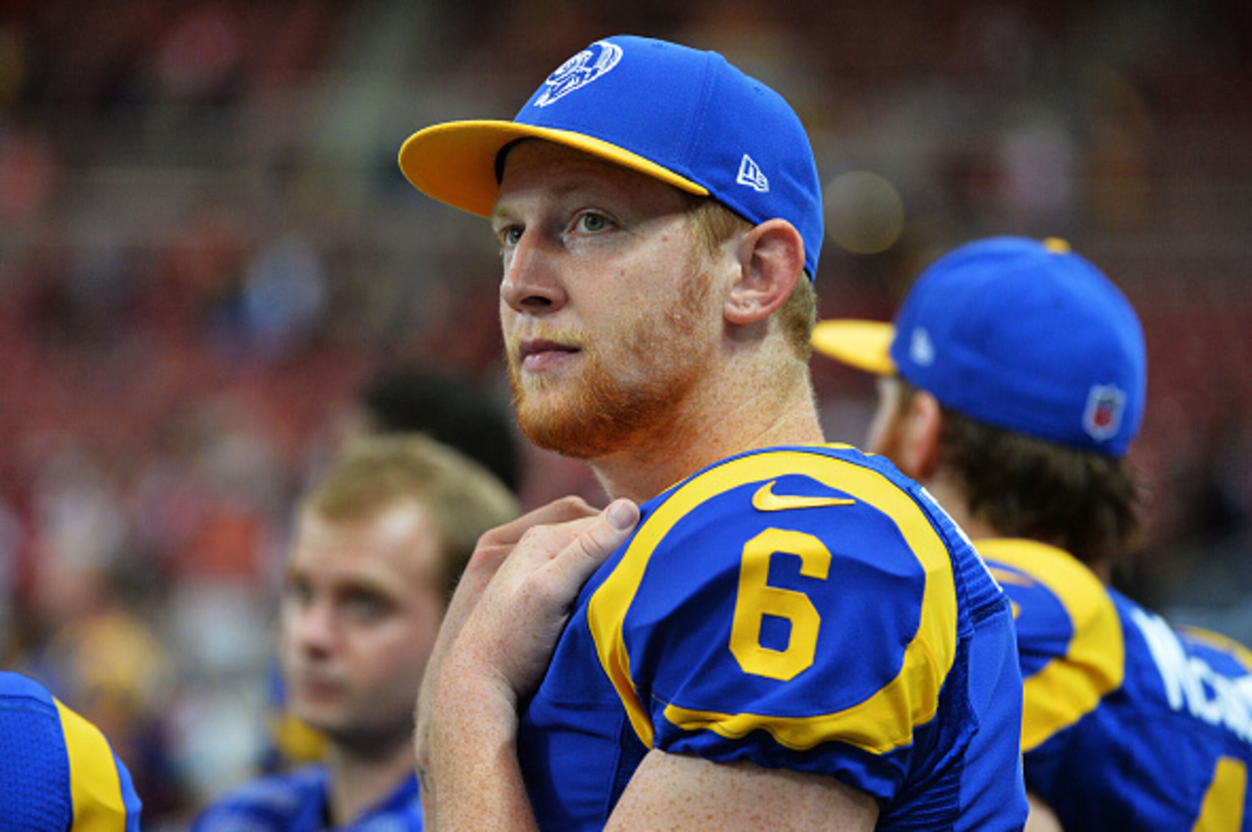 ST LOUIS, MO - OCTOBER 13:  Johnny Hekker #6 of the St. Louis Rams reacts during the fourth quarter of their 31 to 17 loss to the San Francisco 49ers at Edward Jones Dome on October 13, 2014 in St Louis, Missouri.  (Photo by Michael Thomas/Getty Images)