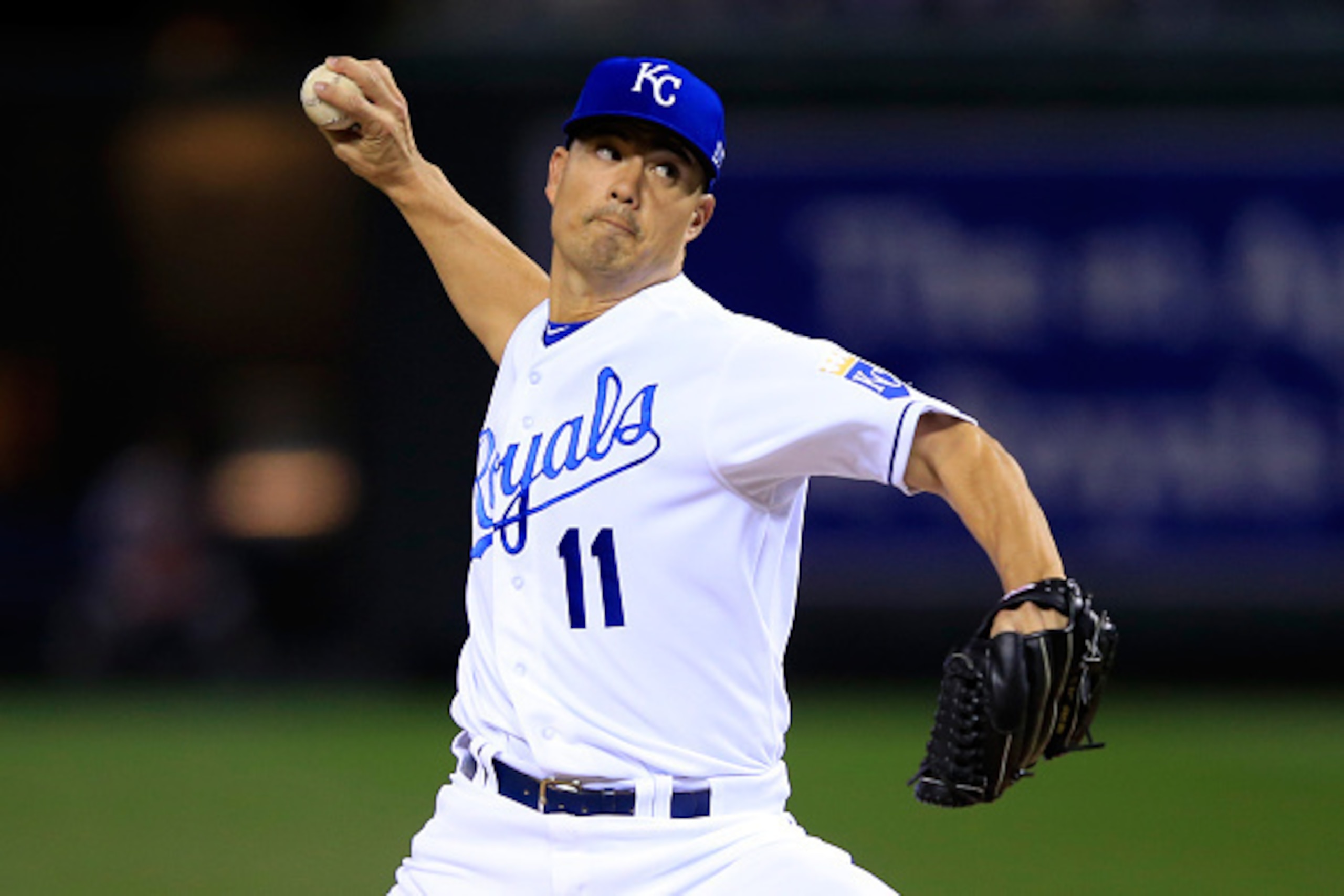 KANSAS CITY, MO - OCTOBER 14:  Jeremy Guthrie #11 of the Kansas City Royals throws a pitch in the first inning against the Baltimore Orioles during Game Three of the American League Championship Series at Kauffman Stadium on October 14, 2014 in Kansas Cit