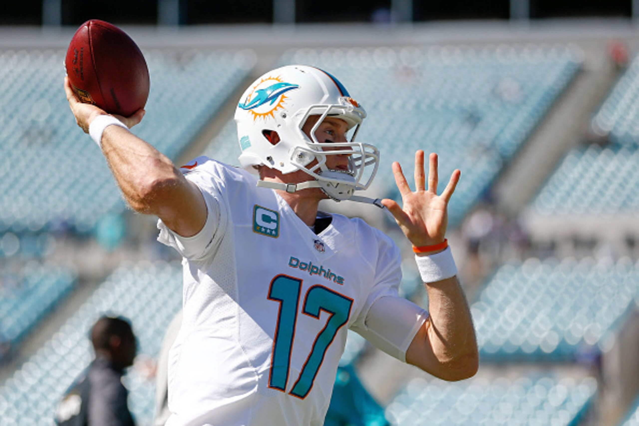 JACKSONVILLE, FL - OCTOBER 26: Ryan Tannehill #17 of the Miami Dolphins warms up prior to the game against the Jacksonville Jaguars at EverBank Field on October 26, 2014 in Jacksonville, Florida.  (Photo by Rob Foldy/Getty Images)