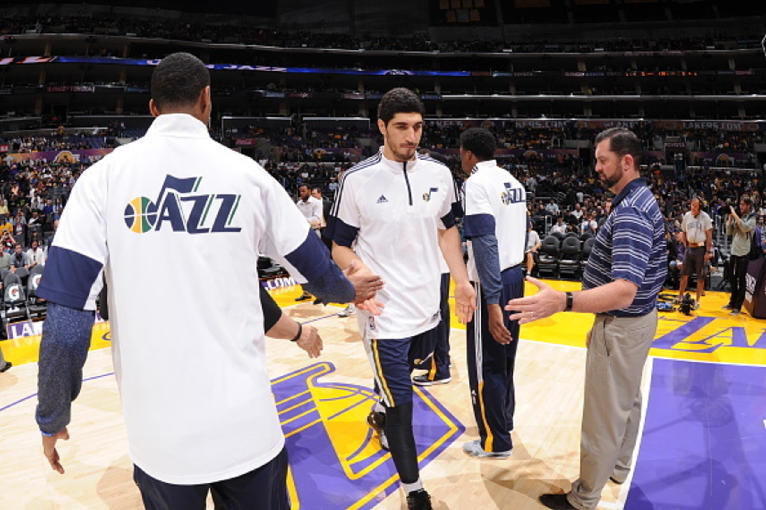 LOS ANGELES, CA - OCTOBER 19: Enes Kanter #0 of the Utah Jazz gets introduced before a game against the Los Angeles Lakers at STAPLES Center on October 19, 2014 in Los Angeles, California. NOTE TO USER: User expressly acknowledges and agrees that, by down LOS ANGELES, CA - OCTOBER 19: Enes Kanter #0 of the Utah Jazz gets introduced before a game against the Los Angeles Lakers at STAPLES Center on October 19, 2014 in Los Angeles, California. NOTE TO USER: User expressly acknowledges and agrees that, by down