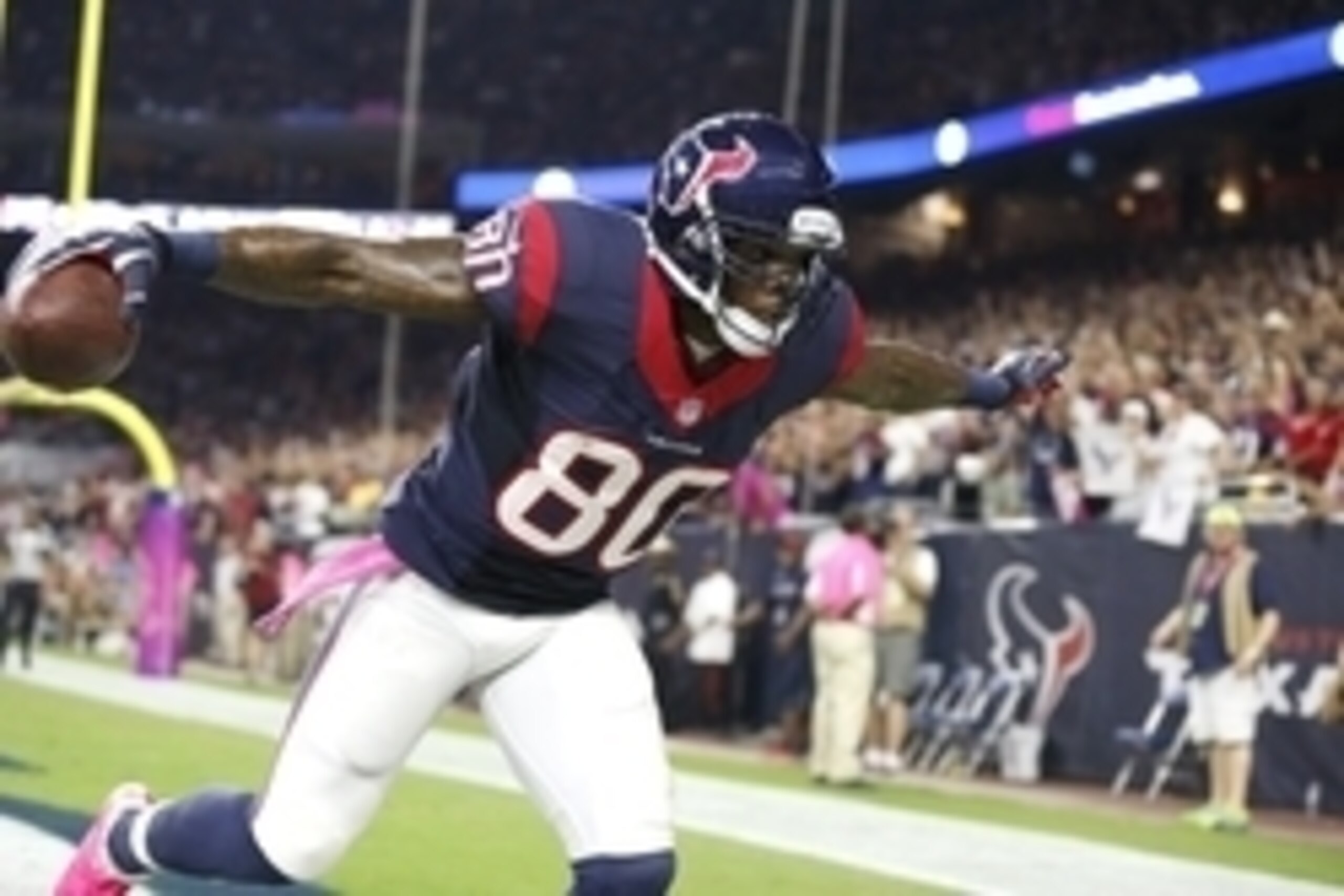 Oct 9, 2014; Houston, TX, USA; Houston Texans receiver Andre Johnson (80) catches a touchdown pass in the second quarter against the Indianapolis Colts at NRG Stadium. Mandatory Credit: Matthew Emmons-USA TODAY Sports
