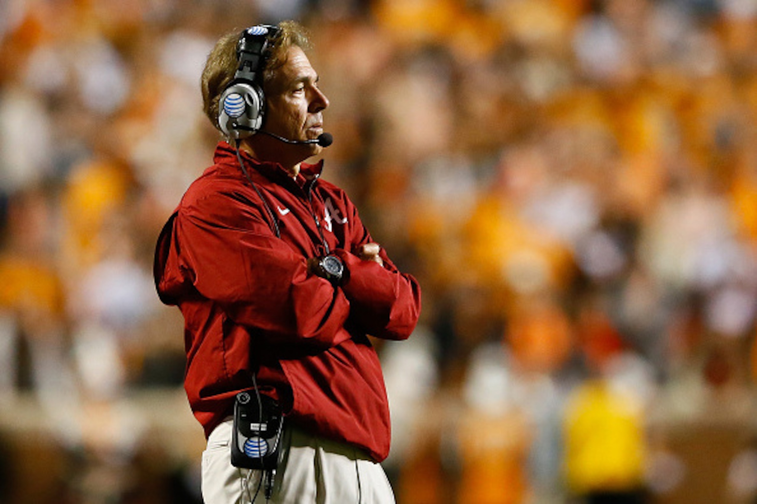 KNOXVILLE, TN - OCTOBER 25:  Head coach Nick Saban of the Alabama Crimson Tide looks on during the game against the Tennessee Volunteers at Neyland Stadium on October 25, 2014 in Knoxville, Tennessee.  (Photo by Kevin C. Cox/Getty Images)