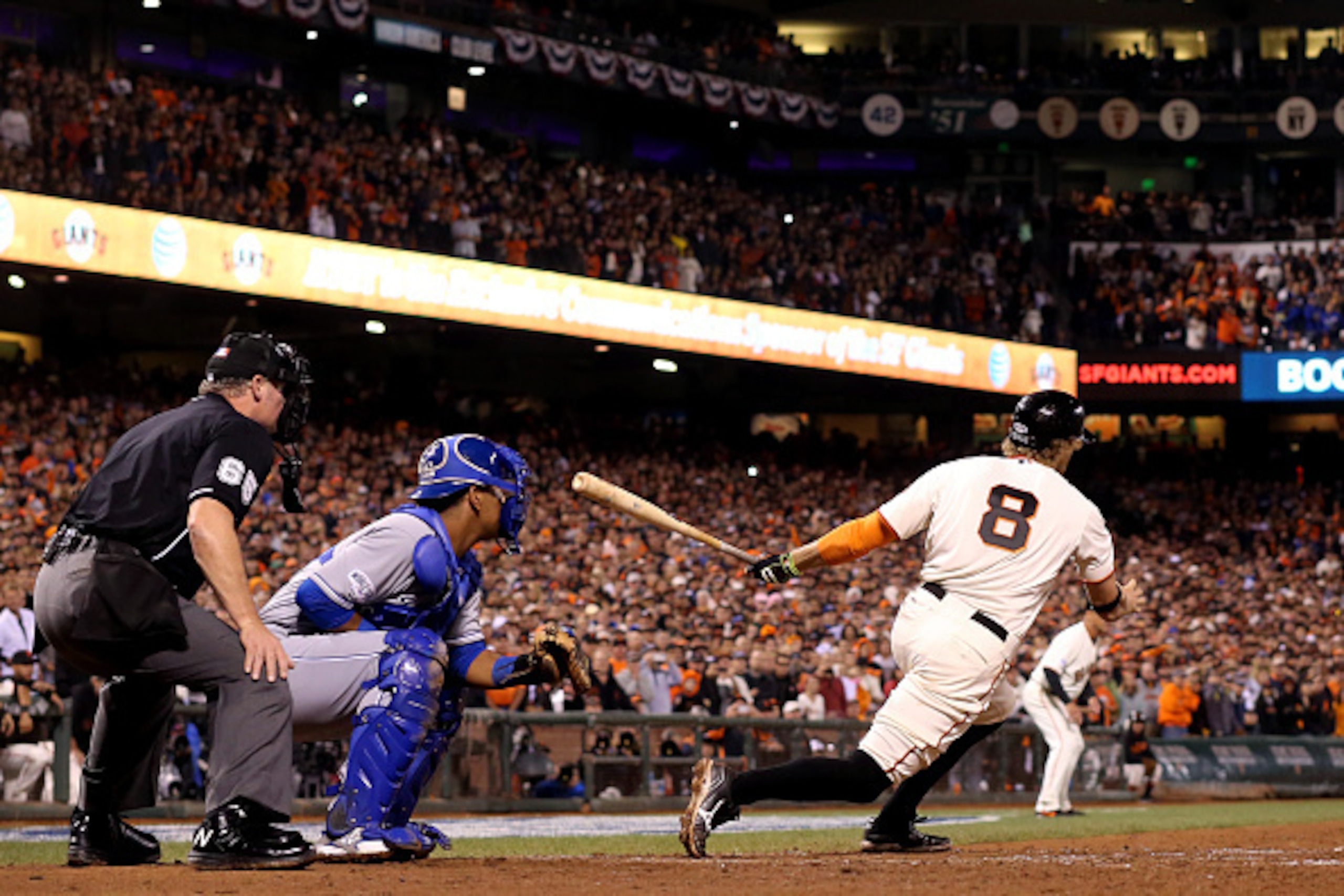 SAN FRANCISCO, CA - OCTOBER 25: Hunter Pence #8 of the San Francisco Giants grounds into a fields choice in the sixth inning against the Kansas City Royals during Game Four of the 2014 World Series at AT&T Park on October 25, 2014 in San Francisco, Calif SAN FRANCISCO, CA - OCTOBER 25: Hunter Pence #8 of the San Francisco Giants grounds into a fields choice in the sixth inning against the Kansas City Royals during Game Four of the 2014 World Series at AT&T Park on October 25, 2014 in San Francisco, Calif