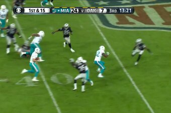 As a former wide receiver, Tannehill can pick up yards in a hurry. He has a clear lane here on the perimeter.