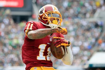 PHILADELPHIA, PA - SEPTEMBER 21:  DeSean Jackson #11 of the Washington Redskins reacts after catching a first-down pass in the first quarter against the Philadelphia Eagles at Lincoln Financial Field on September 21, 2014 in Philadelphia, Pennsylvania.  (