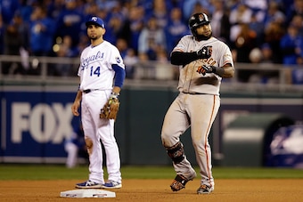 KANSAS CITY, MO - OCTOBER 29:  Pablo Sandoval #48 of the San Francisco Giants reacts against the Kansas City Royals during Game Seven of the 2014 World Series at Kauffman Stadium on October 29, 2014 in Kansas City, Missouri.  (Photo by Ezra Shaw/Getty Ima