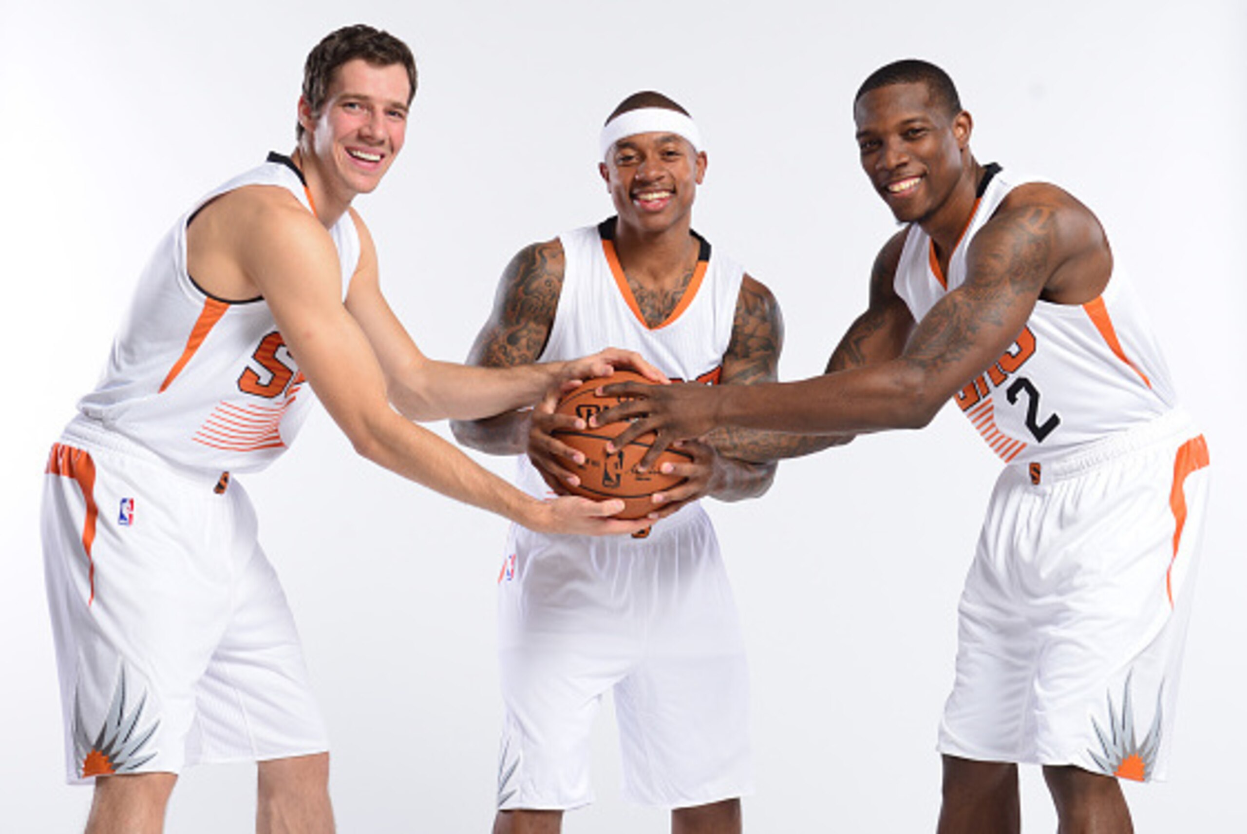 PHOENIX, AZ - SEPTEMBER 29: Goran Dragic #1,  Isaiah Thomas #3 and Eric Bledsoe #2 of the Phoenix Suns pose for a photo during Phoenix Suns Media Day on September 29, 2014 at U.S. Airways Center in Phoenix, Arizona. NOTE TO USER: User expressly acknowledg