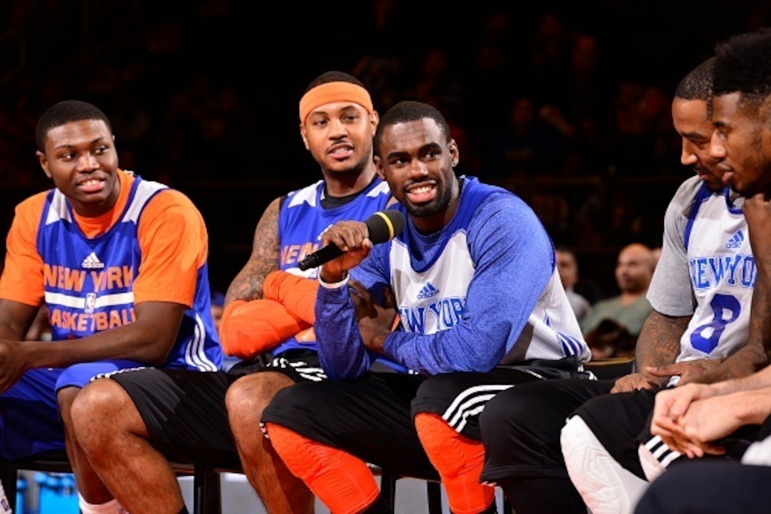 NEW YORK, NY - OCTOBER 26:  Tim Hardaway Jr. #5 of the New York Knicks speaks to the fans during open practice at the Madison Square Garden on October 26, 2014 in New York City, New York. NOTE TO USER: User expressly acknowledges and agrees that, by downl