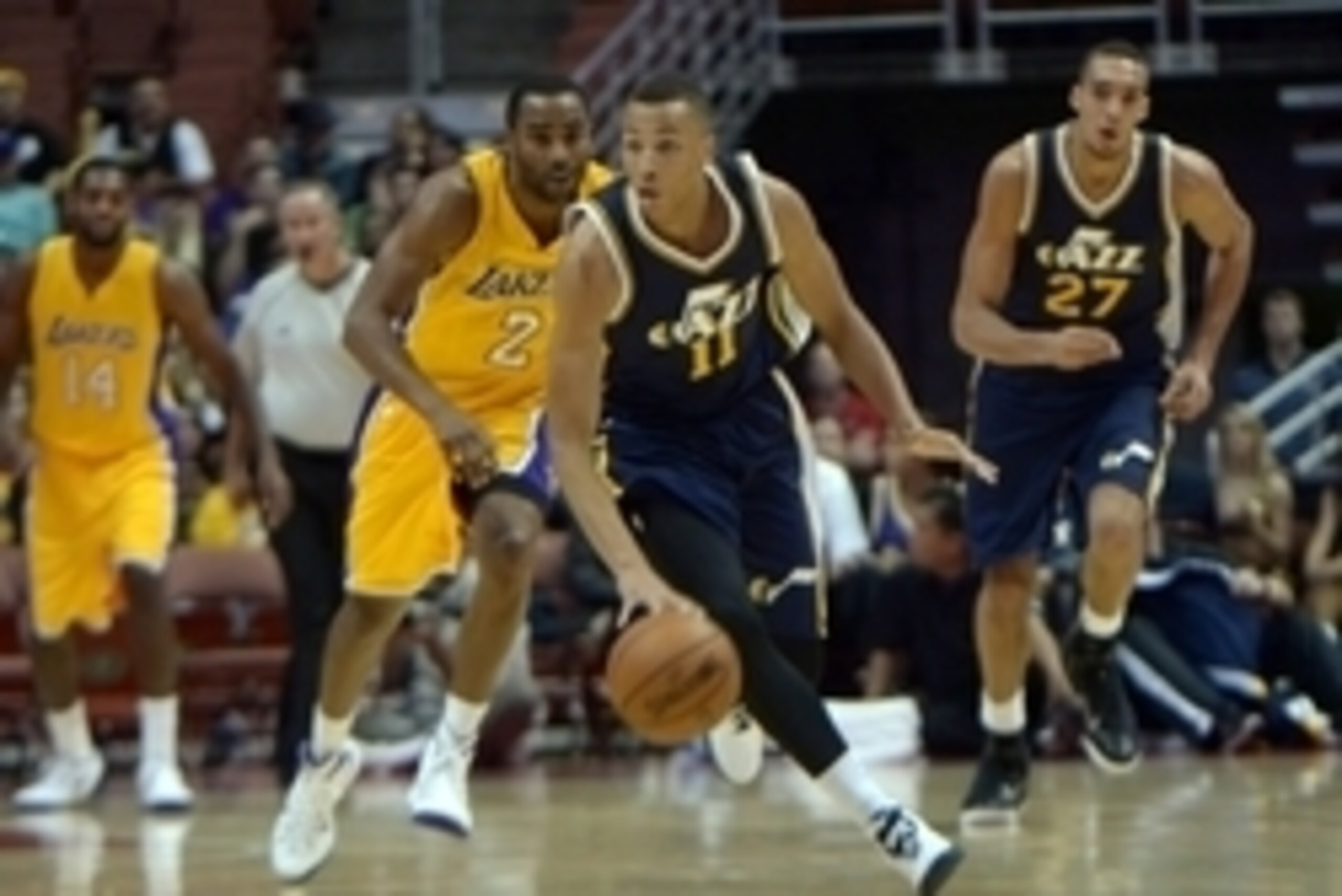 Oct 16, 2014; Anaheim, CA, USA; Utah Jazz guard Dante Exum (11) against the Los Angeles Lakers at Honda Center. The Jazz defeated the Lakers 119-86. Mandatory Credit: Kirby Lee-USA TODAY Sports