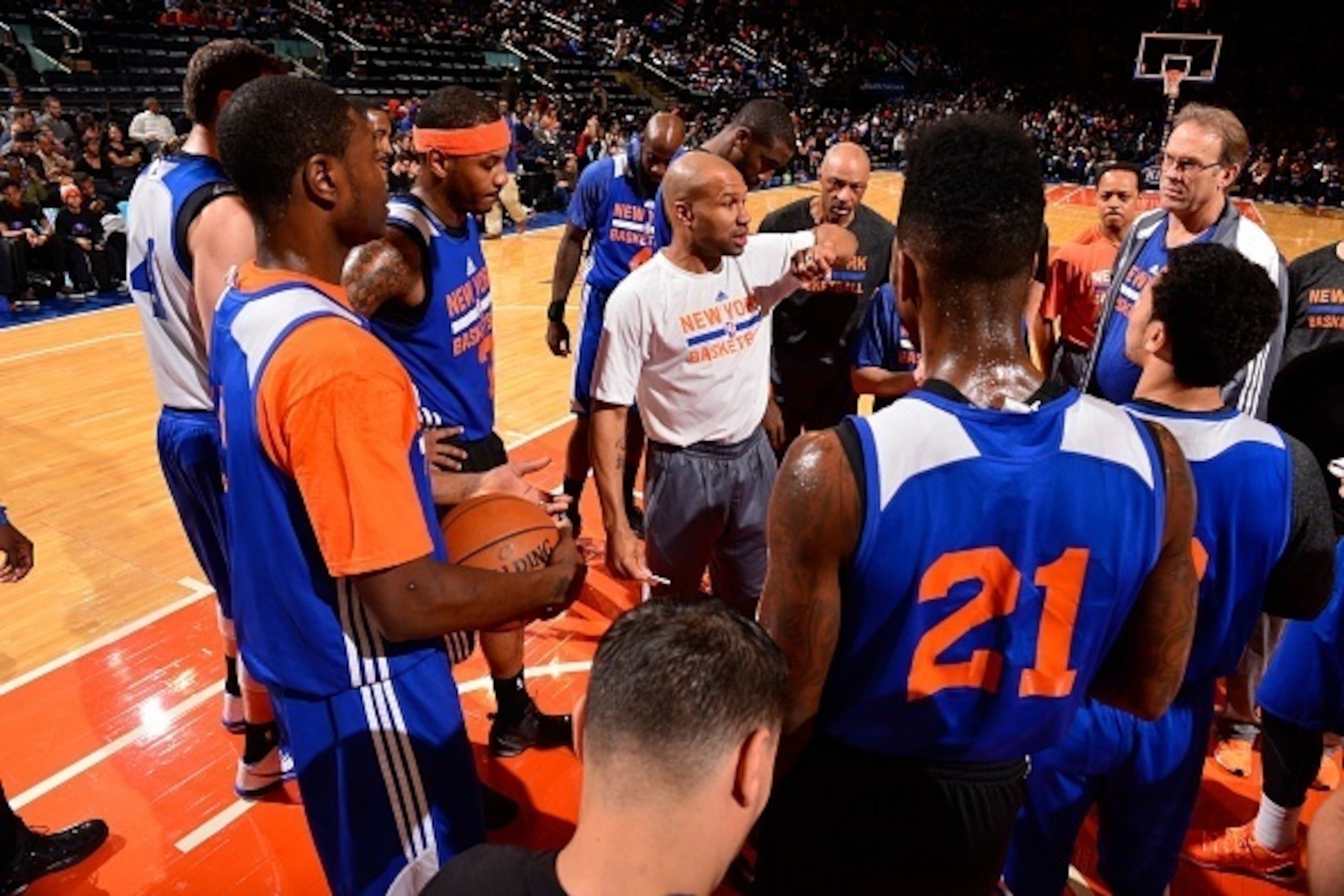 NEW YORK, NY - OCTOBER 26:  Derek Fisher of the New York Knicks speaks to his team during open practice at Madison Square Garden on October 26, 2014 in New York City, New York. NOTE TO USER: User expressly acknowledges and agrees that, by downloading and/