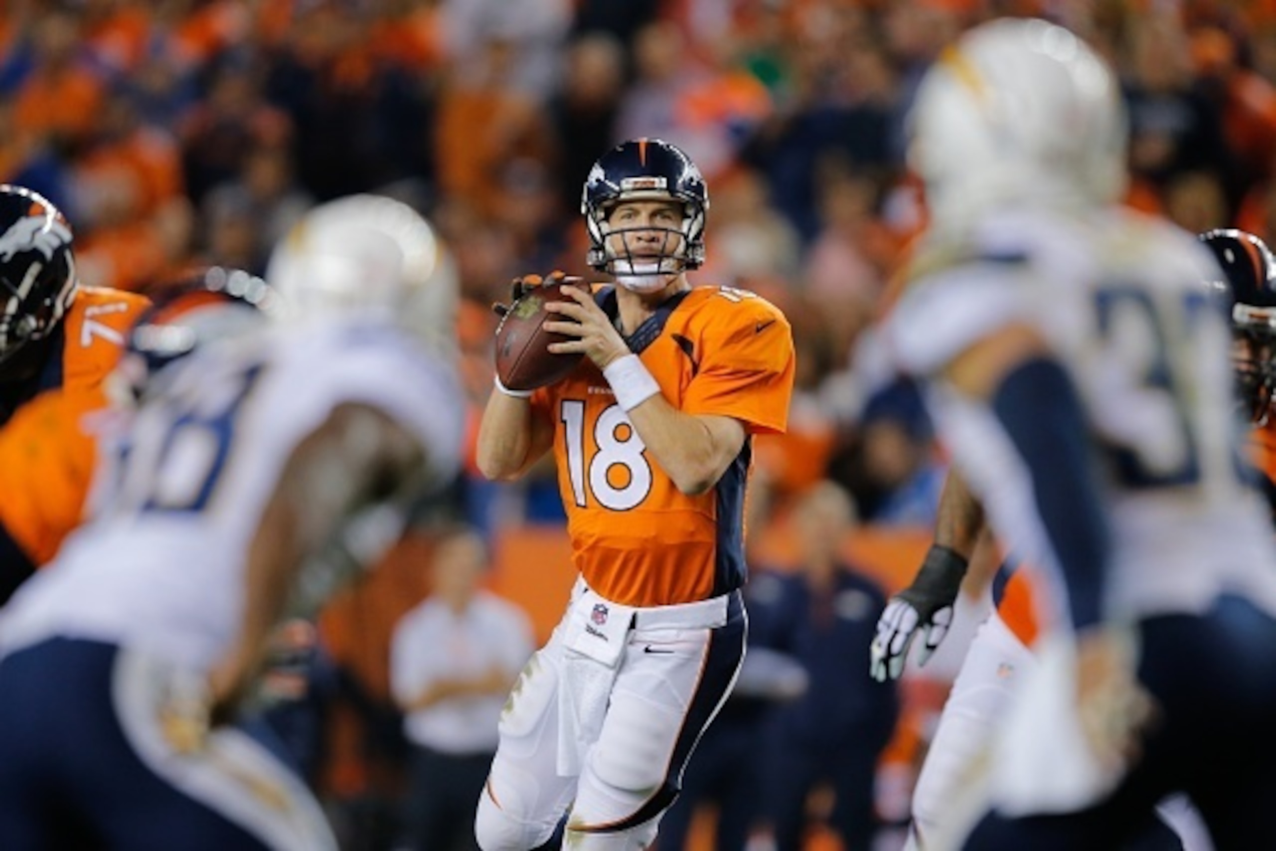 DENVER, CO - OCTOBER 23:  Quarterback Peyton Manning #18 of the Denver Broncos drops back to pass against the San Diego Chargers during a game at Sports Authority Field at Mile High on October 23, 2014 in Denver, Colorado.  (Photo by Doug Pensinger/Getty 