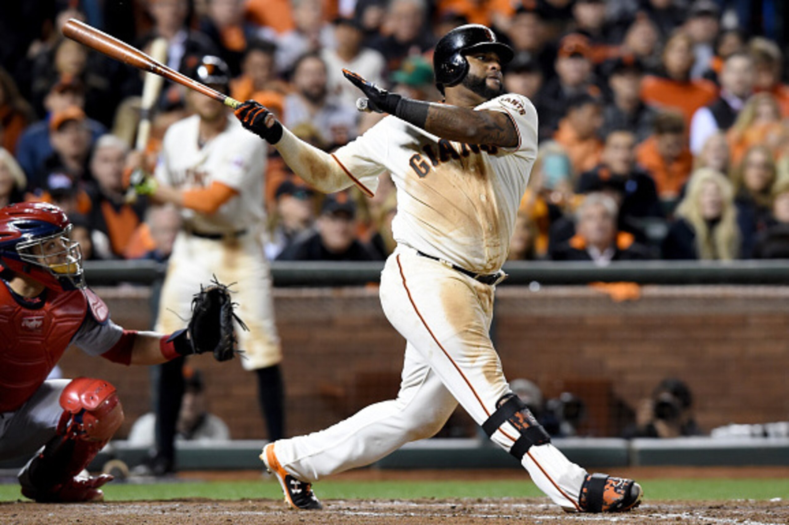 SAN FRANCISCO, CA - OCTOBER 16:  Pablo Sandoval #48 of the San Francisco Giants singles in the ninth inning while taking on the St. Louis Cardinals during Game Five of the National League Championship Series at AT&T Park on October 16, 2014 in San Francis