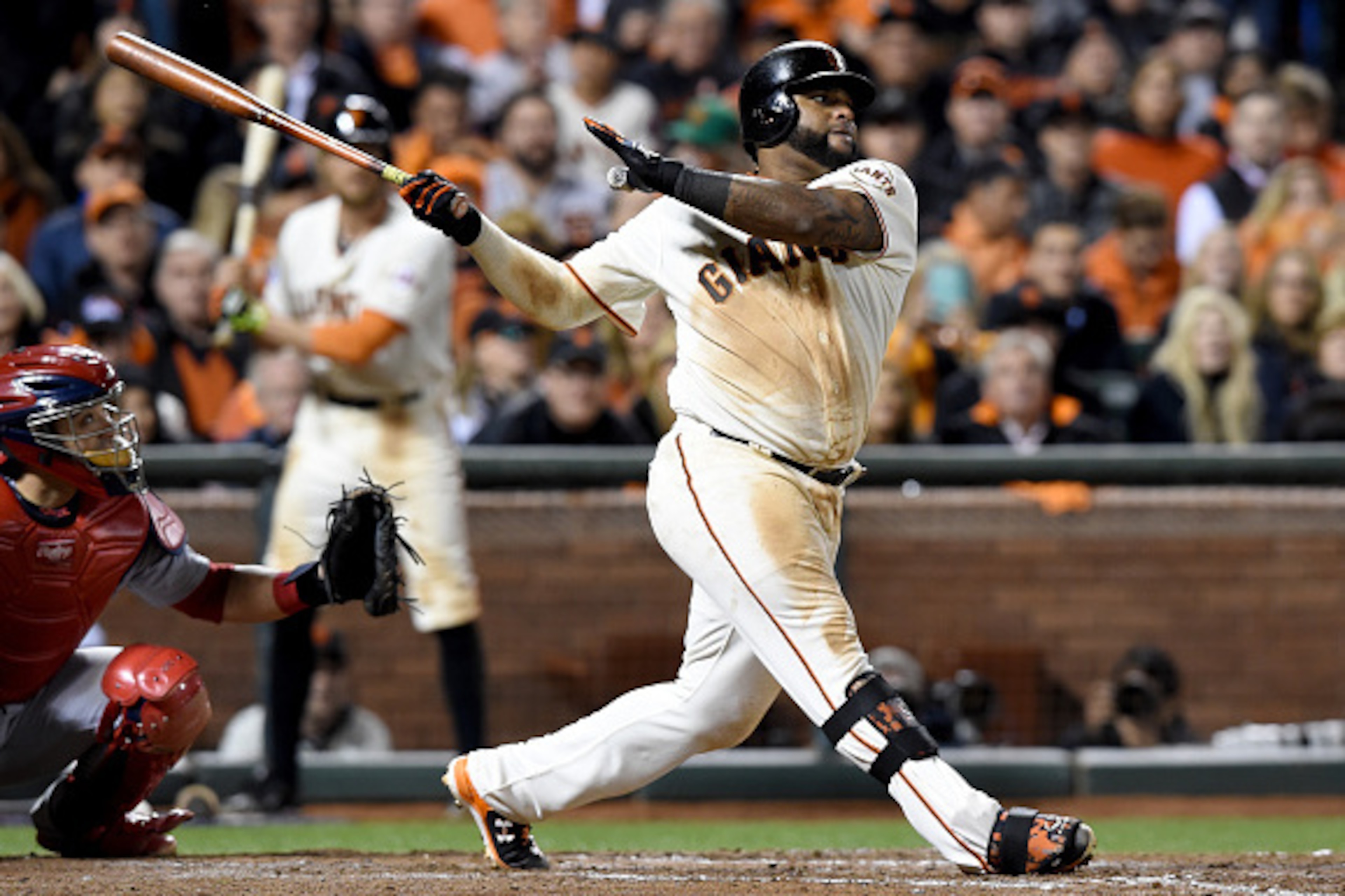 SAN FRANCISCO, CA - OCTOBER 16:  Pablo Sandoval #48 of the San Francisco Giants singles in the ninth inning while taking on the St. Louis Cardinals during Game Five of the National League Championship Series at AT&T Park on October 16, 2014 in San Francis